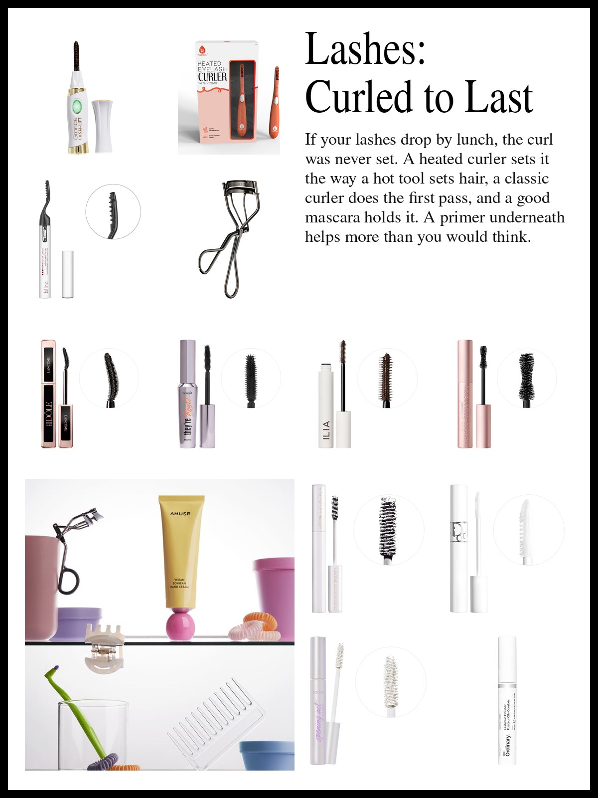 Collage of heated and classic lash curlers, mascaras and lash primers beside a photo of a shelf with a lash curler and makeup.