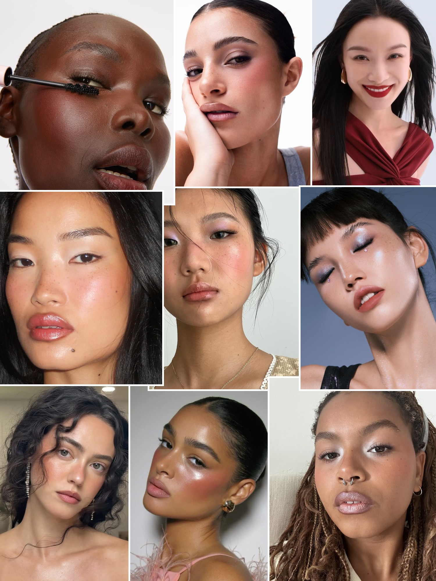 Collage of glowing skin, glossy lips and polished eye makeup in varied close beauty portraits