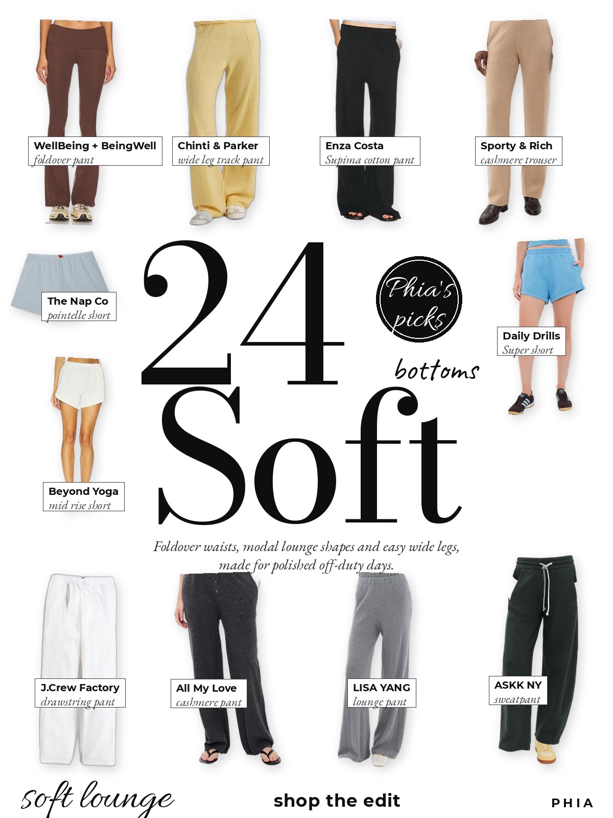Soft Bottom Edit collage with picks from J.Crew Factory, The Nap Co, WellBeing + BeingWell and Chinti & Parker