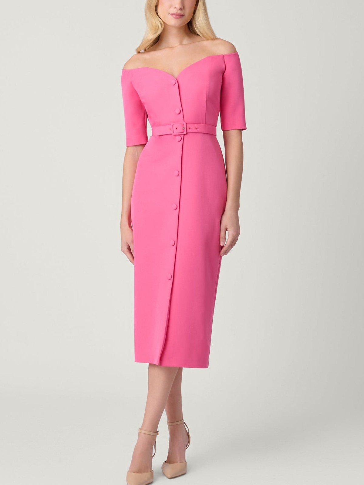 Model in a pink off the shoulder belted button front midi dress