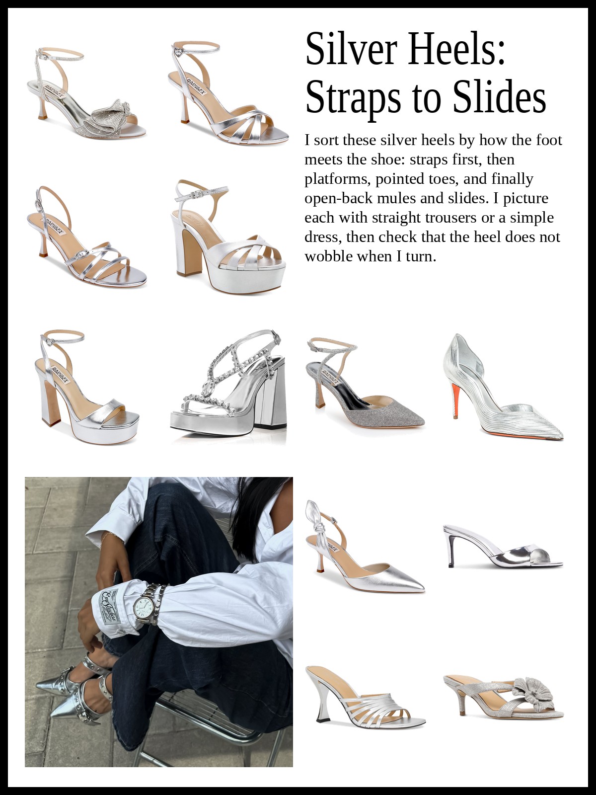 Collage of strappy silver sandals, silver platform and block-heel sandals, silver pointed-toe heels and pumps, and silver mules and slides