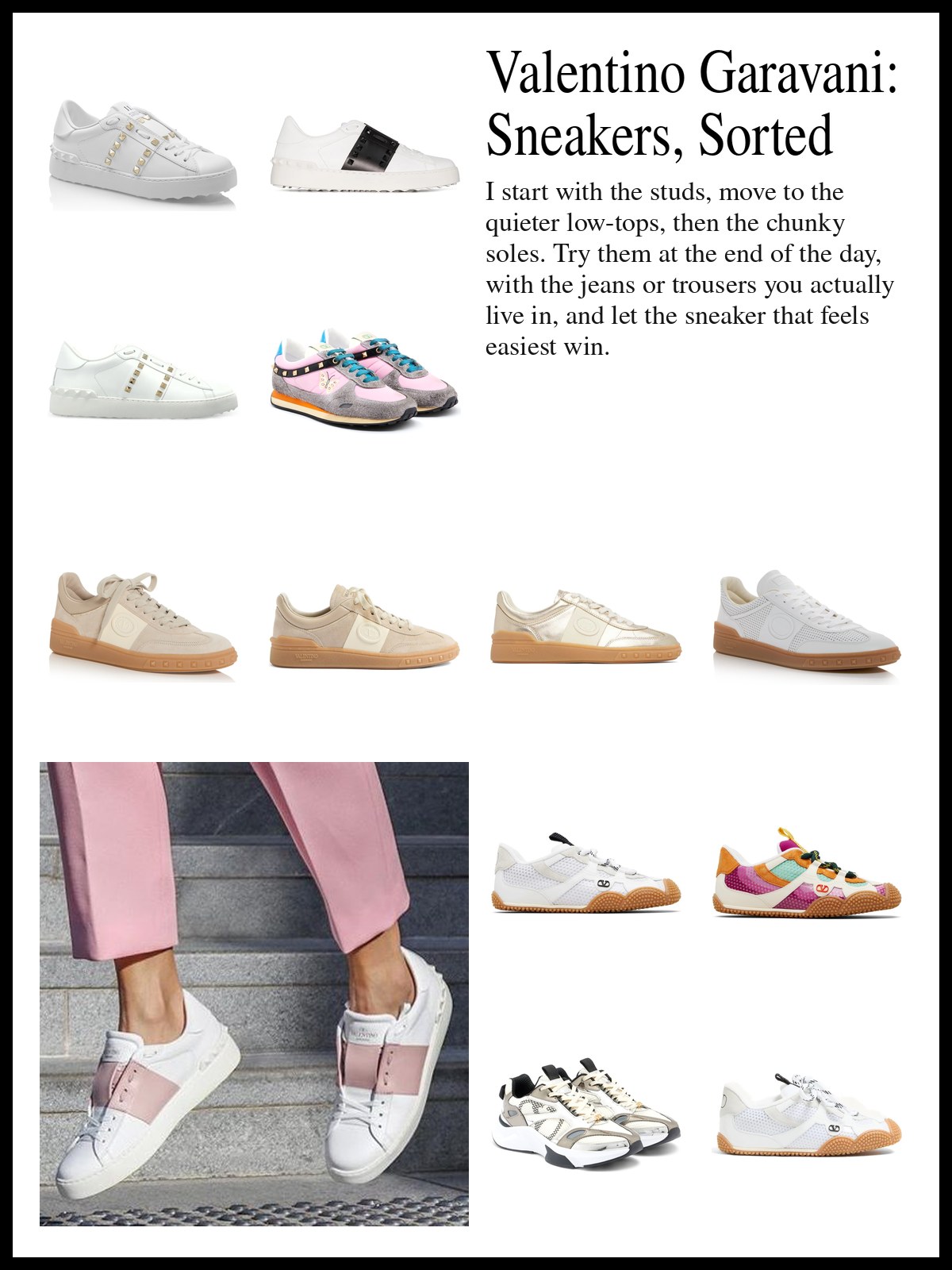 Collage of Valentino Garavani Rockstud and Stud Up sneakers, Upvillage and Open low-top sneakers, and chunky Amphibia, Demivee and platform sneakers, and a mood photo of white leather sneakers with a pale pink stripe worn with pink trousers on stone steps.