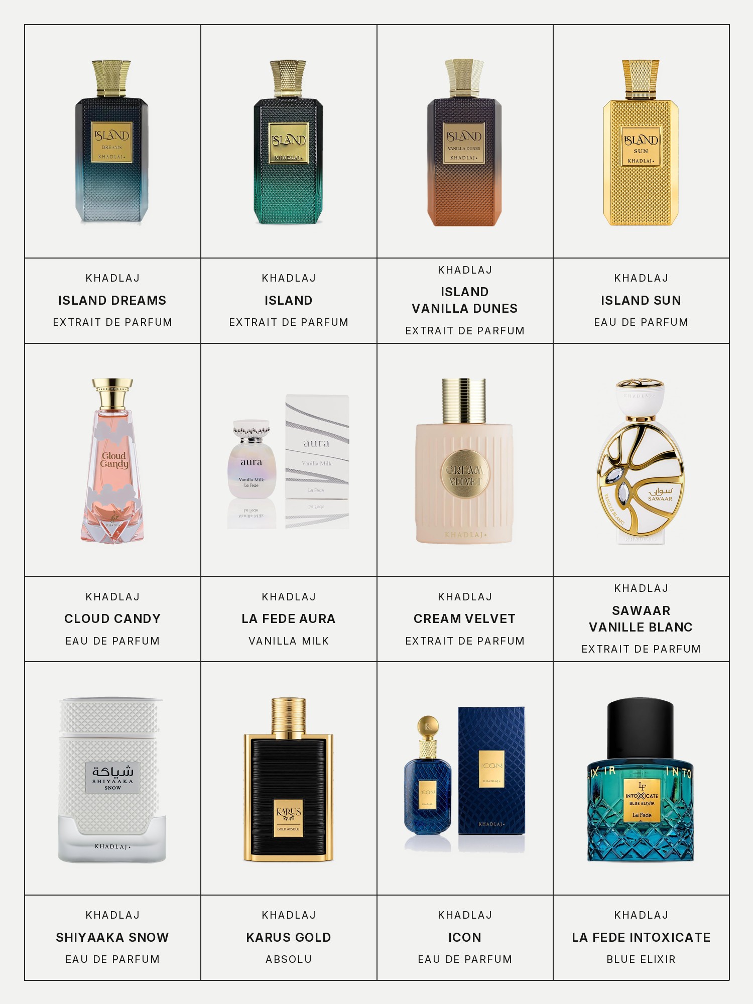 Twelve boxes on a pale gray page, one for each product in this edit, each with its brand and name printed below: Khadlaj Island Dreams Extrait de Parfum, Khadlaj Island Extrait de Parfum, Khadlaj Island Vanilla Dunes Extrait de Parfum, Khadlaj Island Sun, Khadlaj Cloud Candy Eau de Parfum, Khadlaj La Fede Aura Vanilla Milk, Khadlaj Cream Velvet Extrait de Parfum, Khadlaj Sawaar Vanille Blanc Extrait de Parfum, Khadlaj Shiyaaka Snow Eau de Parfum, Khadlaj Karus Gold Absolu, Khadlaj Icon Eau de Parfum and Khadlaj La Fede Intoxicate Blue Elixir.