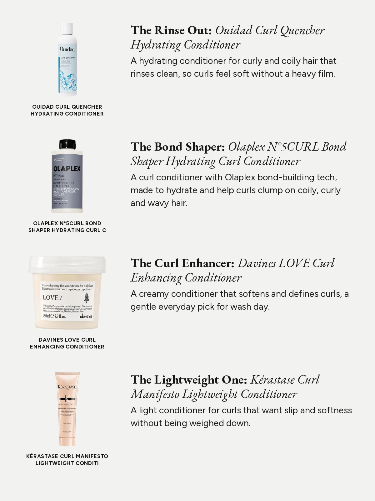 A four-row spec-list comparing curly-hair conditioners from Ouidad, Olaplex, Davines and Kérastase.