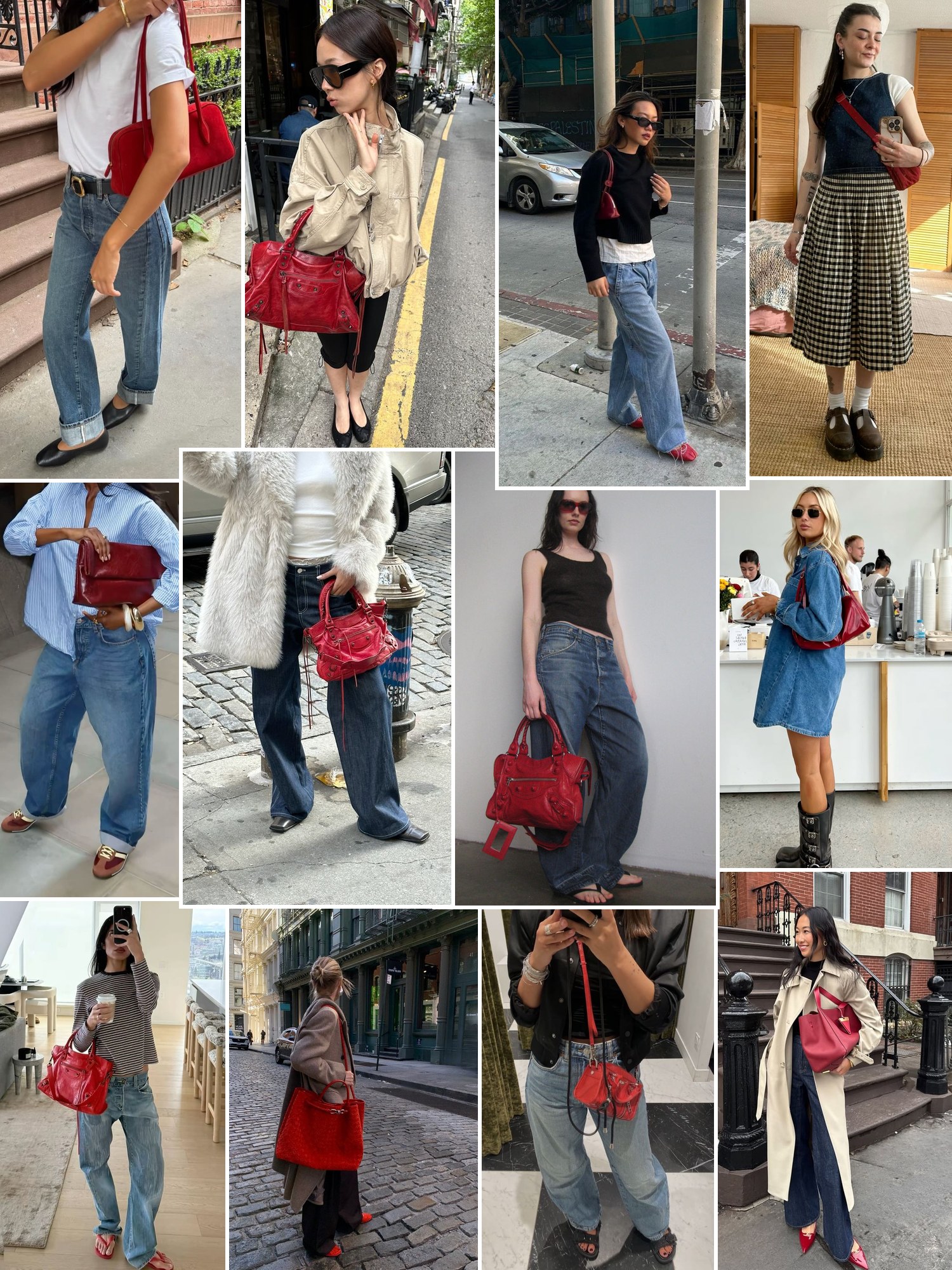 Collage of red bags with denim and neutral outfits