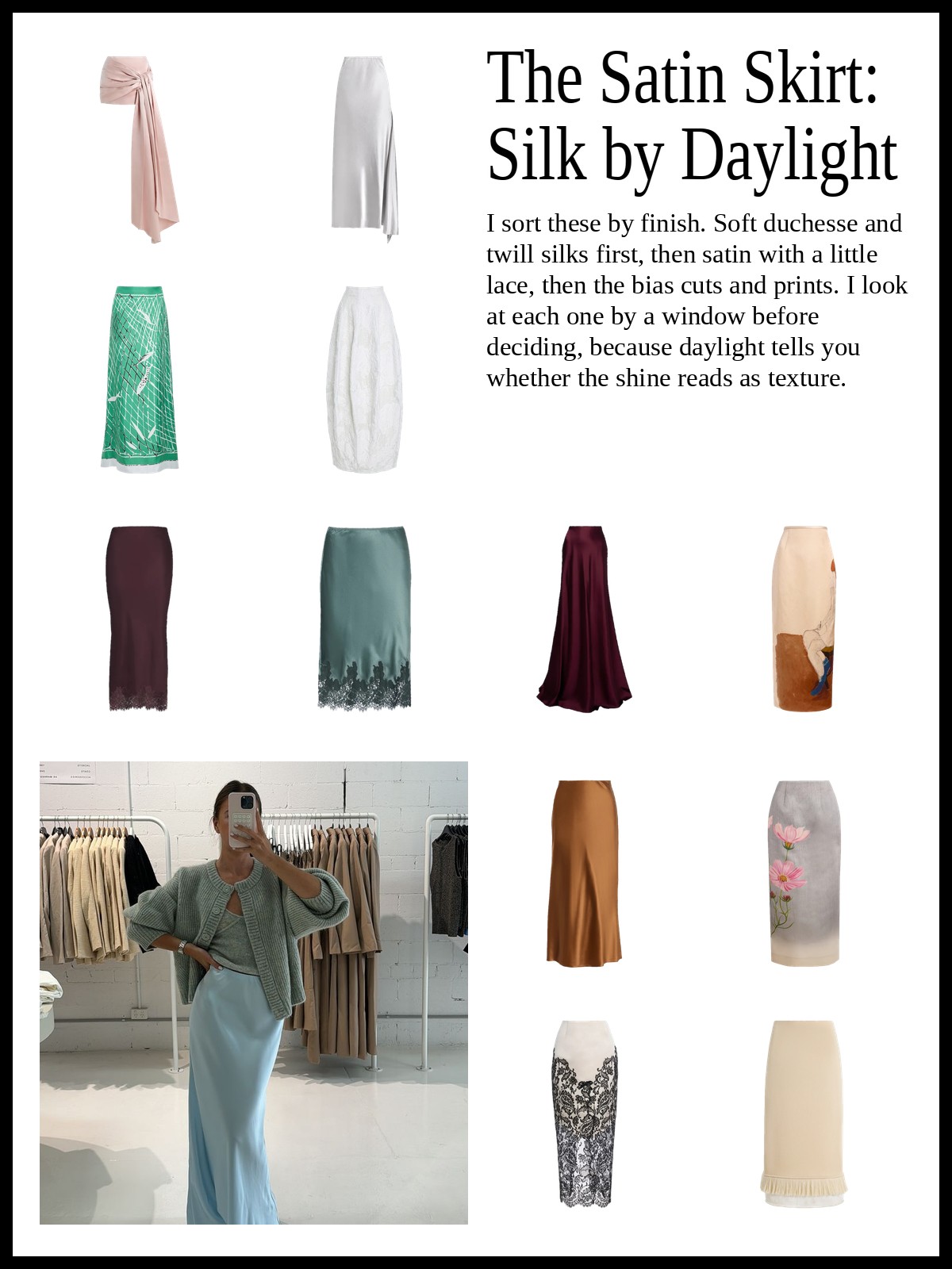 Satin and silk skirts collage: a product grid beside a daytime outfit photo