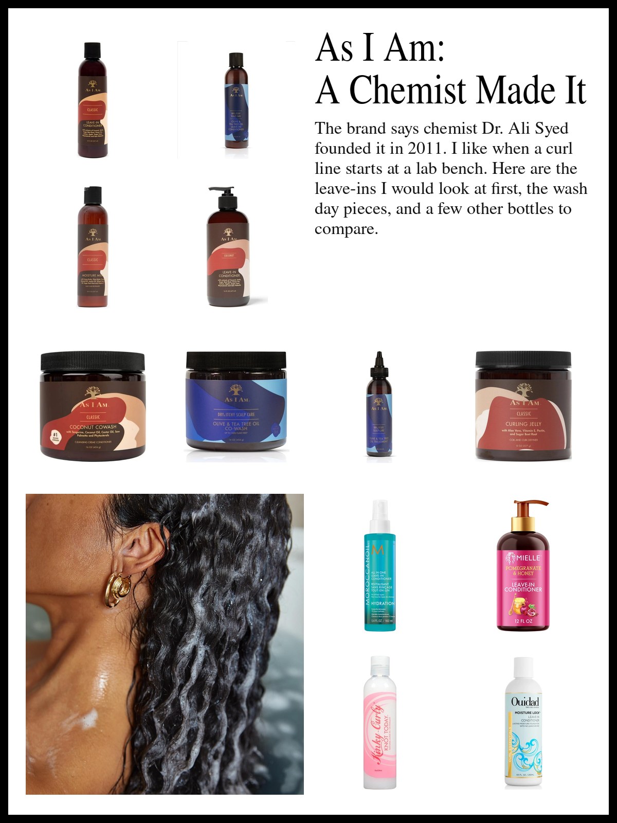 Collage of leave-in conditioners, cleansing conditioner, curling jelly and detanglers for curls, and a mood photo of wet, defined curls on wash day.