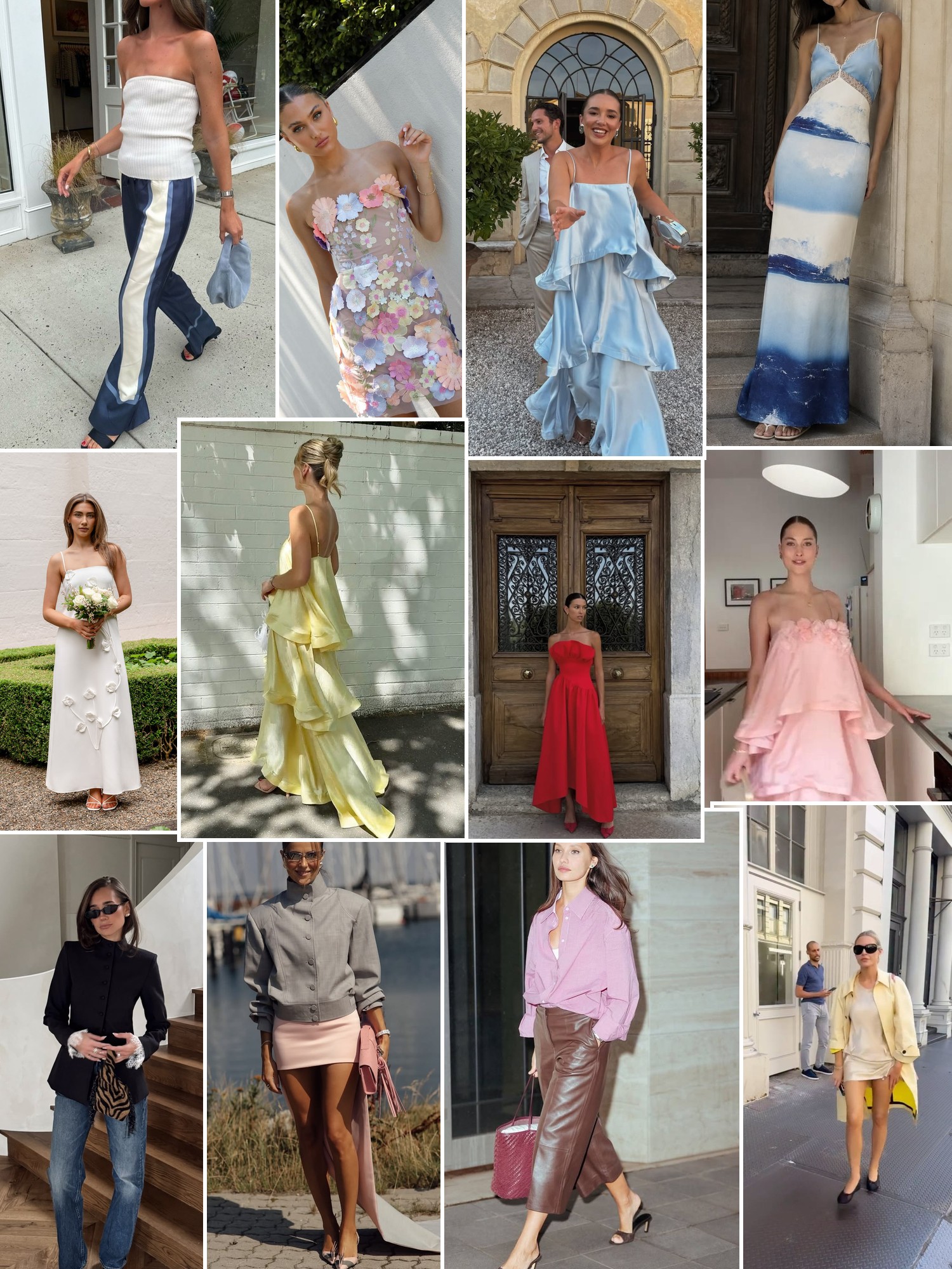 A collage of pastel occasion dresses, floral minis, and polished street style looks.