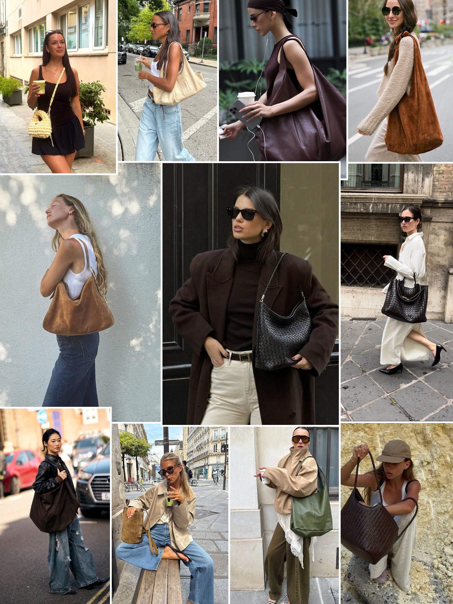 Street style collage of women wearing The Sak bags