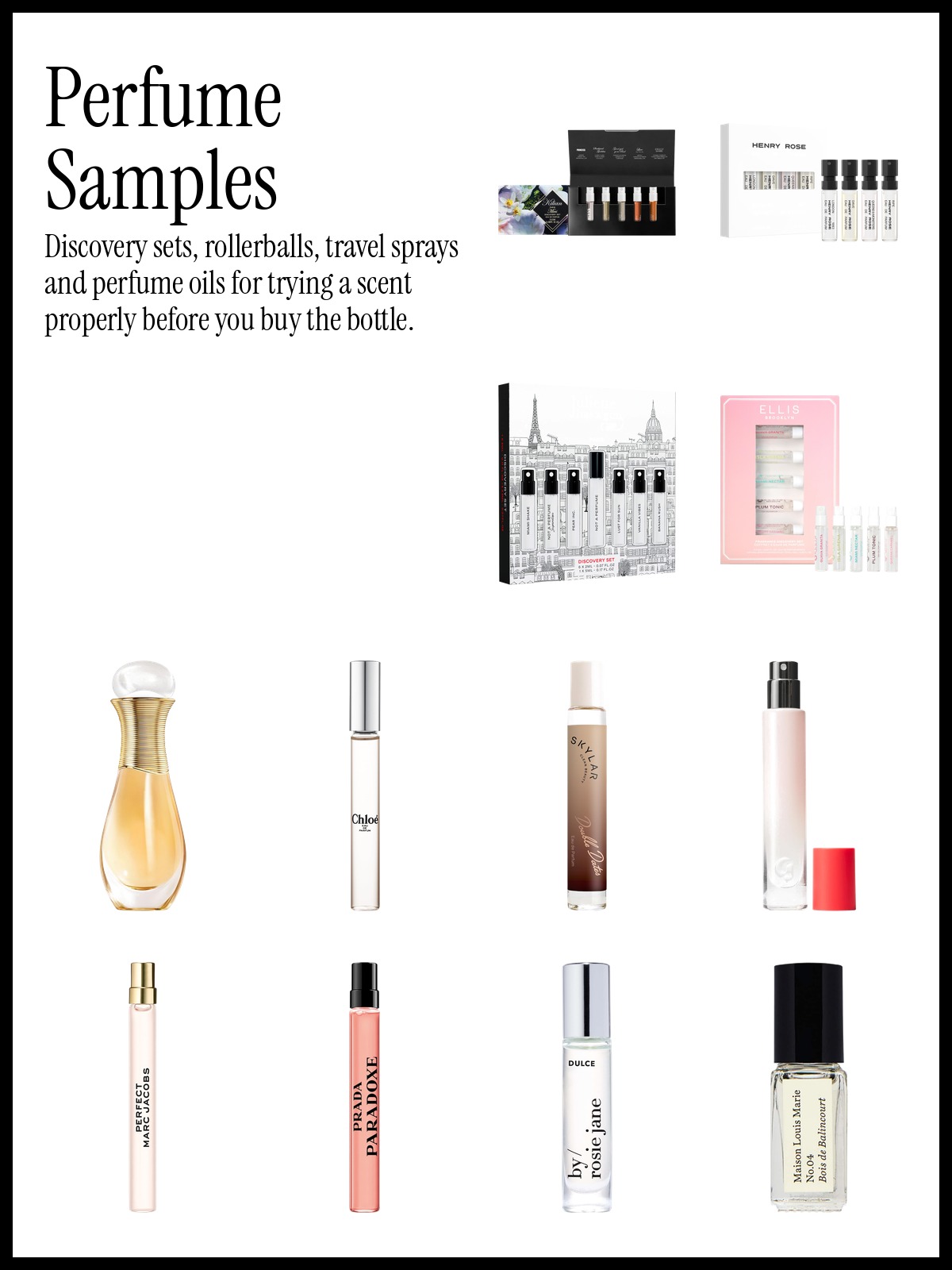 Collage of Kilian Paris Mini Best-Sellers Perfume Discovery Set, Dior J'adore Roller-pearl and Glossier You Eau de Parfum Travel Spray with other perfume samples