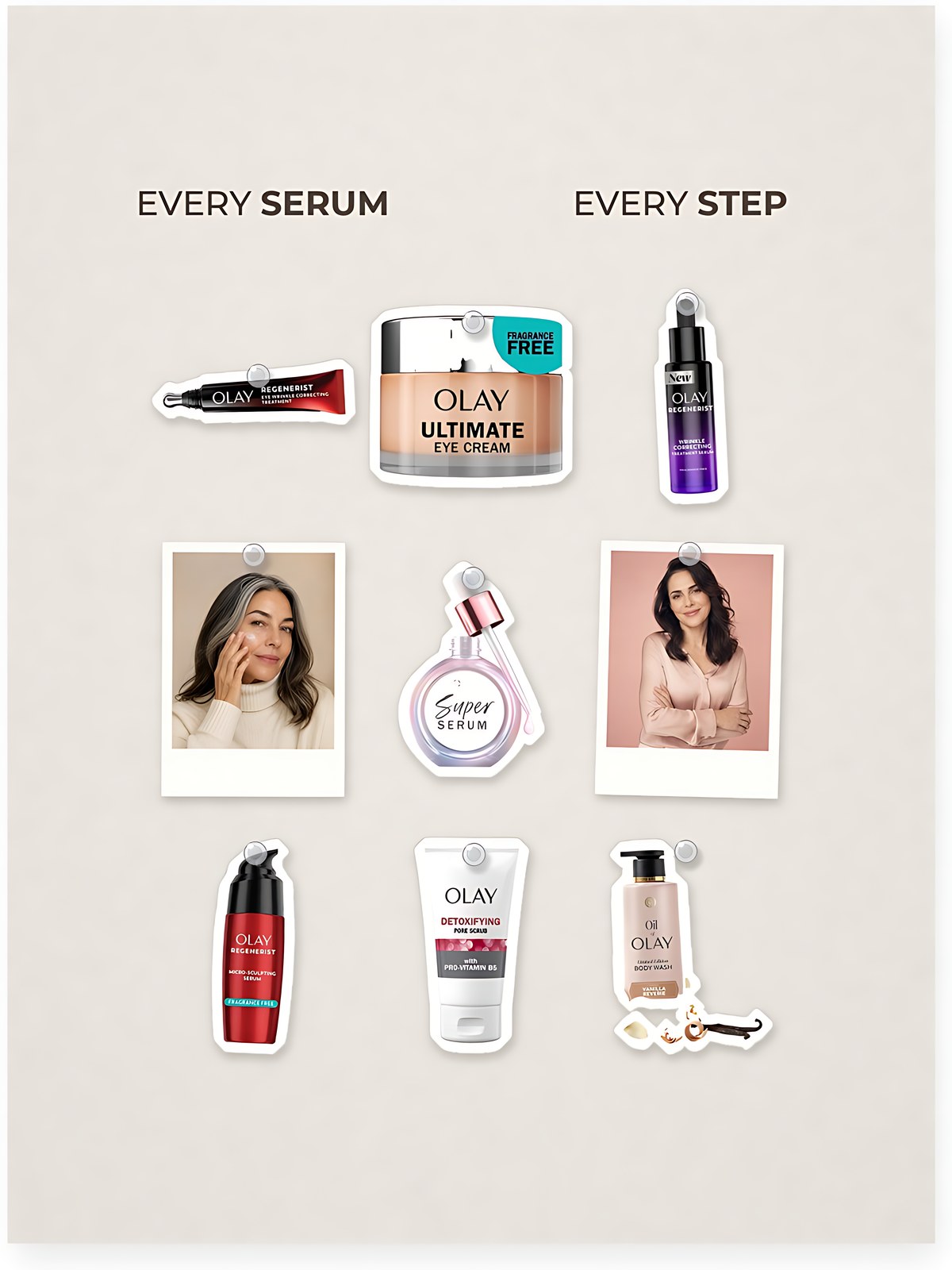 Cut-out product collage with two campaign-style photos: Olay Super Serum 5-in-1 Face Serum with Vitamin C 1 fl oz; Olay Regenerist Anti-Aging Eye Wrinkle Treatment, Firming & Hydrating 0.68 fl oz; Olay Eyes Ultimate Eye Cream with Niacinamide & Peptides 0.4 fl oz; Olay Regenerist Anti-Aging Night Serum, Hydrating & Wrinkle Correcting Treatment 1 fl oz; Olay Regenerist Micro-Sculpting Serum Fragrance Free Face Moisturizer 1.7 fl oz; Olay Regenerist Detoxifying Pore Scrub Face Wash, Scented 5.0 fl oz; Olay Premium Body Wash, Vanilla Rev 20 fl oz