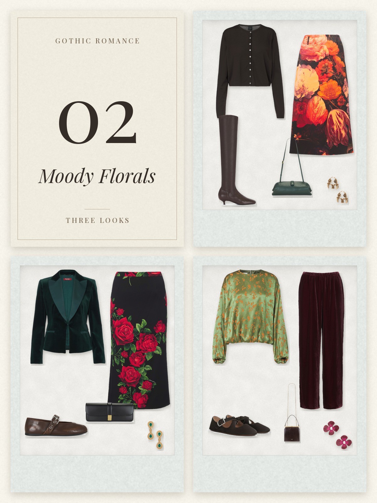 Gothic Romance trend card and three dark floral outfits laid flat in Polaroid frames