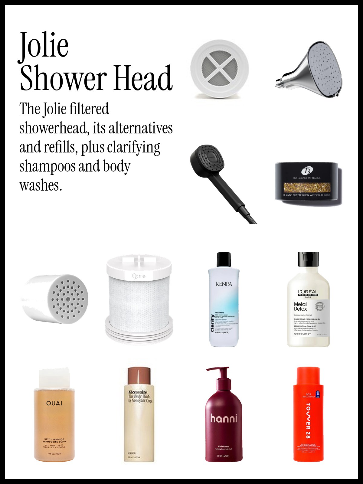 Collage of the Jolie filtered showerhead and CANOPY showerheads with replacement filters, clarifying shampoos and body washes