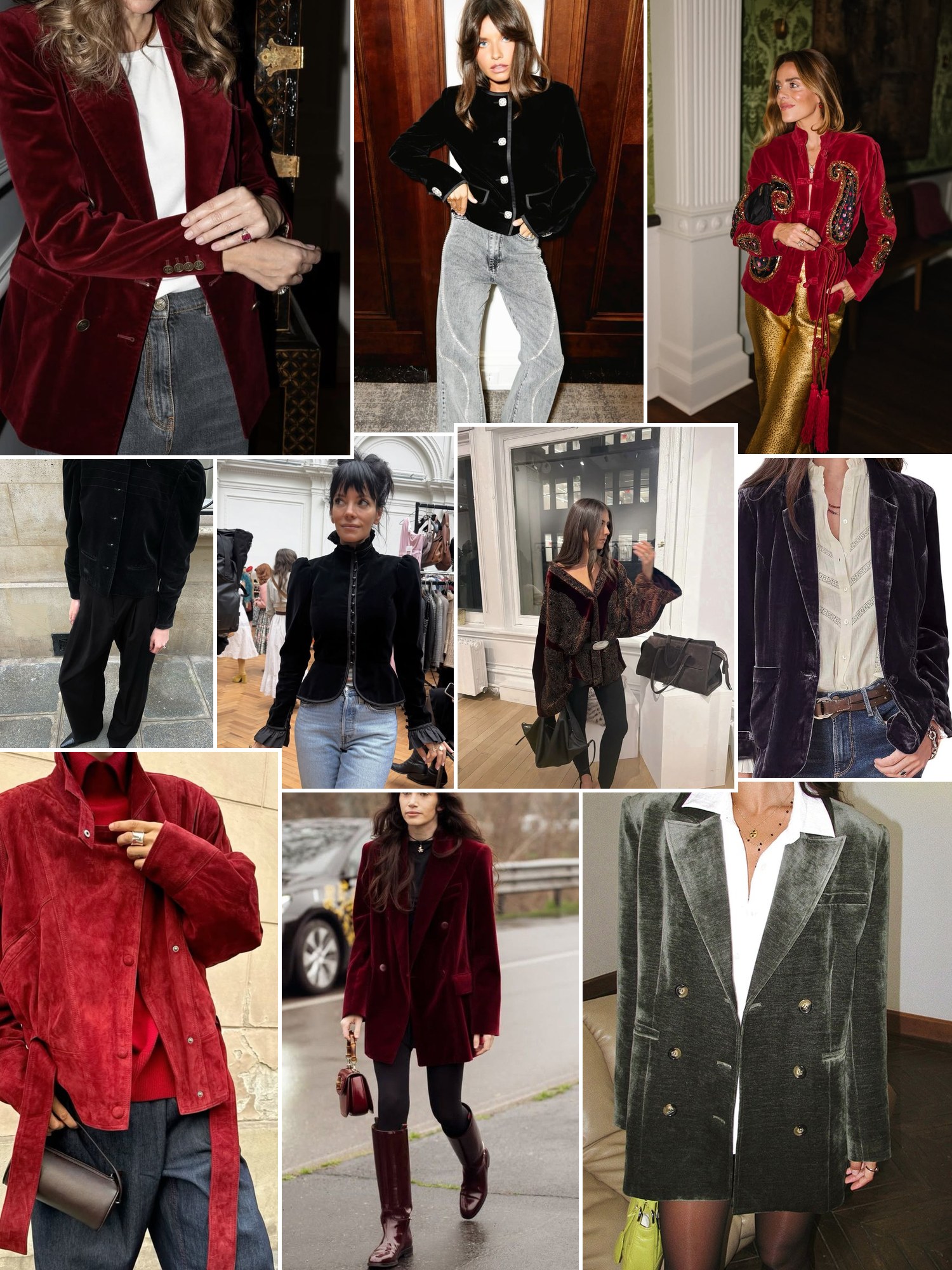 Collage of everyday outfits built around Velvet jacket