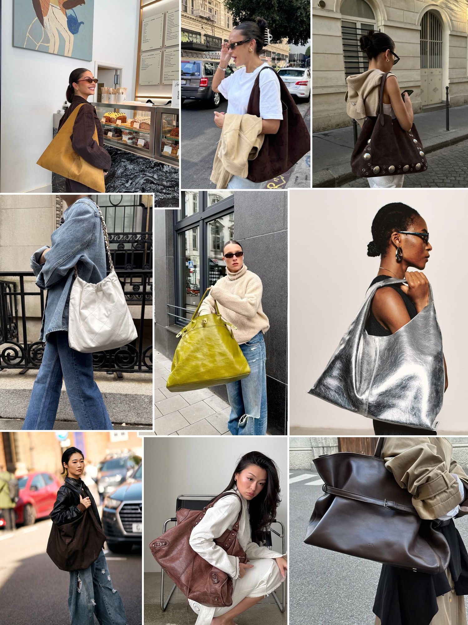 Collage of large slouchy leather hobos and similar looks