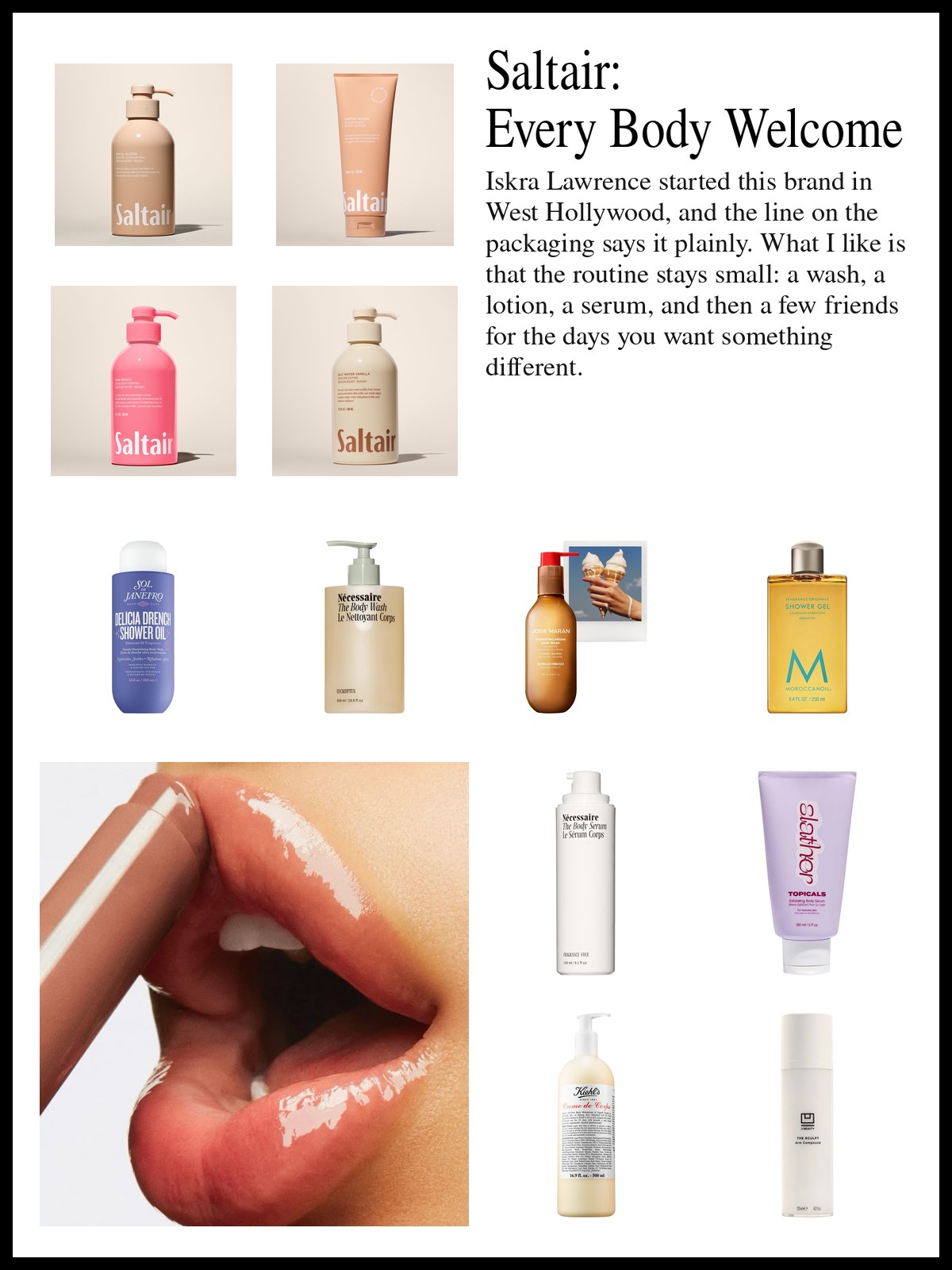 Collage of body washes, lotions and serums beside a close-up photo of glossy peach lips and a matching balm stick pressed against them on a white backdrop.