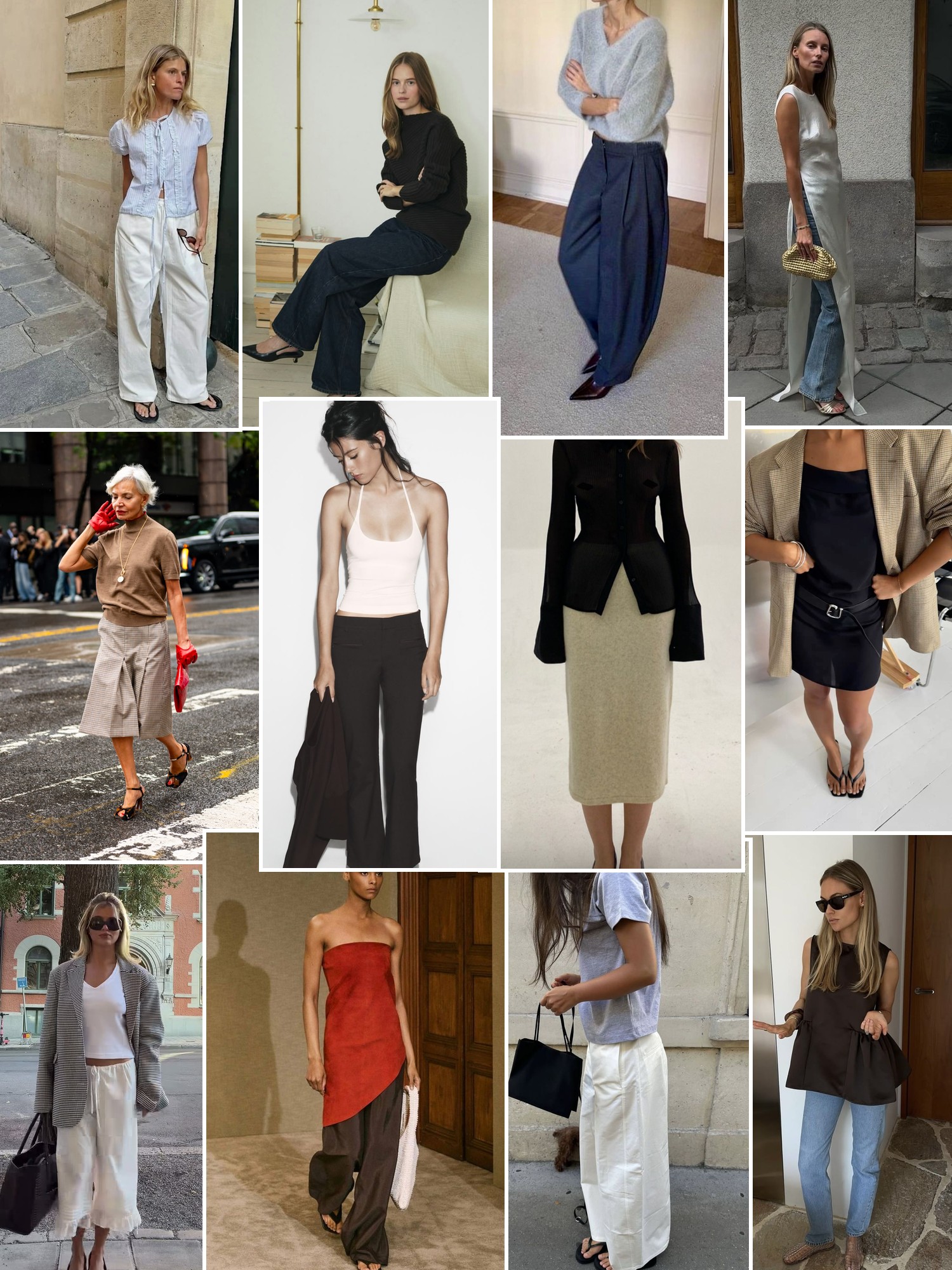 Collage of runway looks, campaign shots and street style outfits that capture the THE GARMENT mood