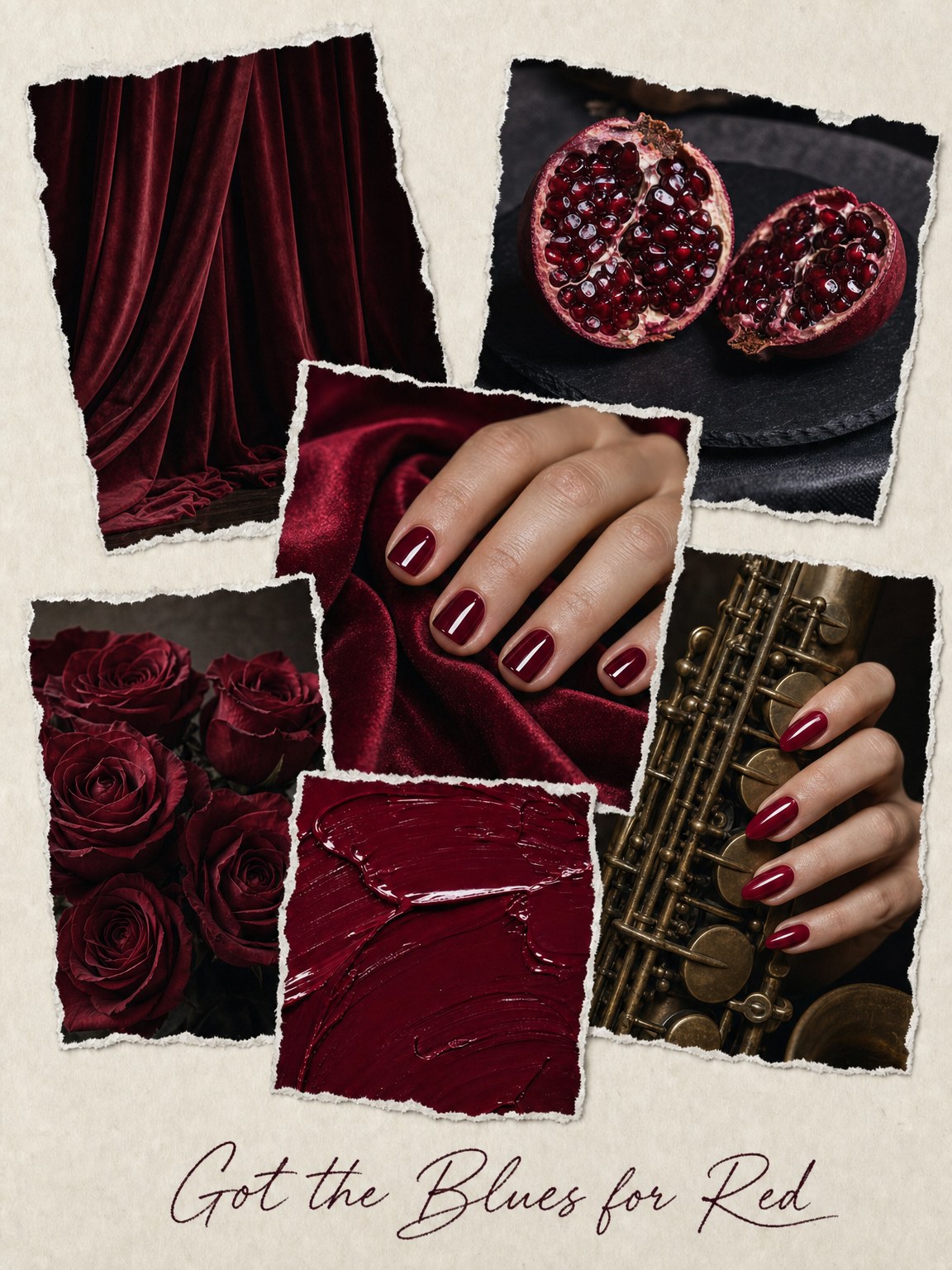 Mood board for OPI Got the Blues for Red: red velvet drapes, a split pomegranate, dark red roses, a swirl of wine red polish, and short square and long almond wine red manicures, one resting on a saxophone
