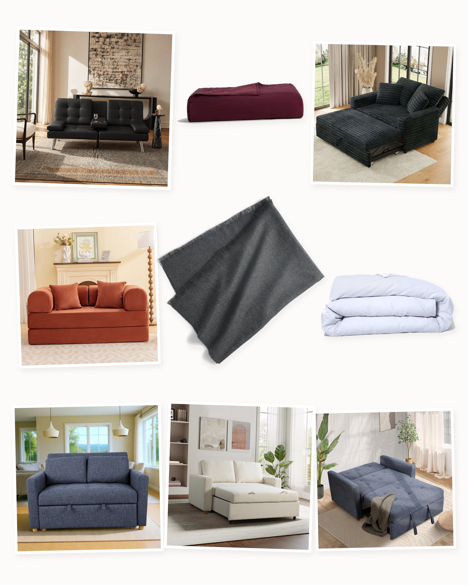 Collage on an off-white background showing Abbigale Faux Leather Reclining Sofa Bed, Naykin 2-Person Faux Fur Sofa Bed, Linen Box Quilt in Garnet, Serta Trinity Convertible Sleeper Loveseat, Meit 3-in-1 Convertible Sleeper Sofa, Sateen Duvet Cover, Corduroy Foldable Sofa Bed, Shortridge Sleeper Sofa for Small Spaces and Mancora Alpaca Throw.