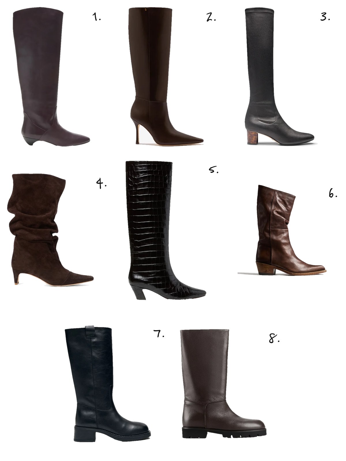 Numbered collage: 1. Le Monde Béryl Allegra Riding Boot in Plum; 2. Larroudé Carine Boot in Brown Leather; 3. Sarah Flint Alexandra 50 Boot; 4. Staud Wally Slouch Boot in Espresso; 5. Loeffler Randall Marley Croc-Embossed Tall Boot; 6. Khaite Clive Boot in Dark Brown; 7. Alohas Sajan Leather Boot in Black; 8. Dear Frances Loch Boot in Espresso