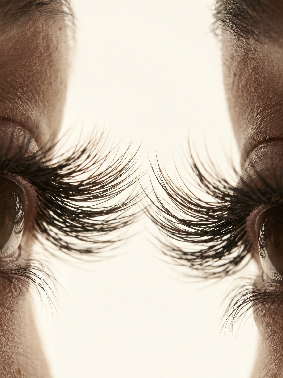 Extreme close up of two sets of long dramatic eyelashes meeting in the middle