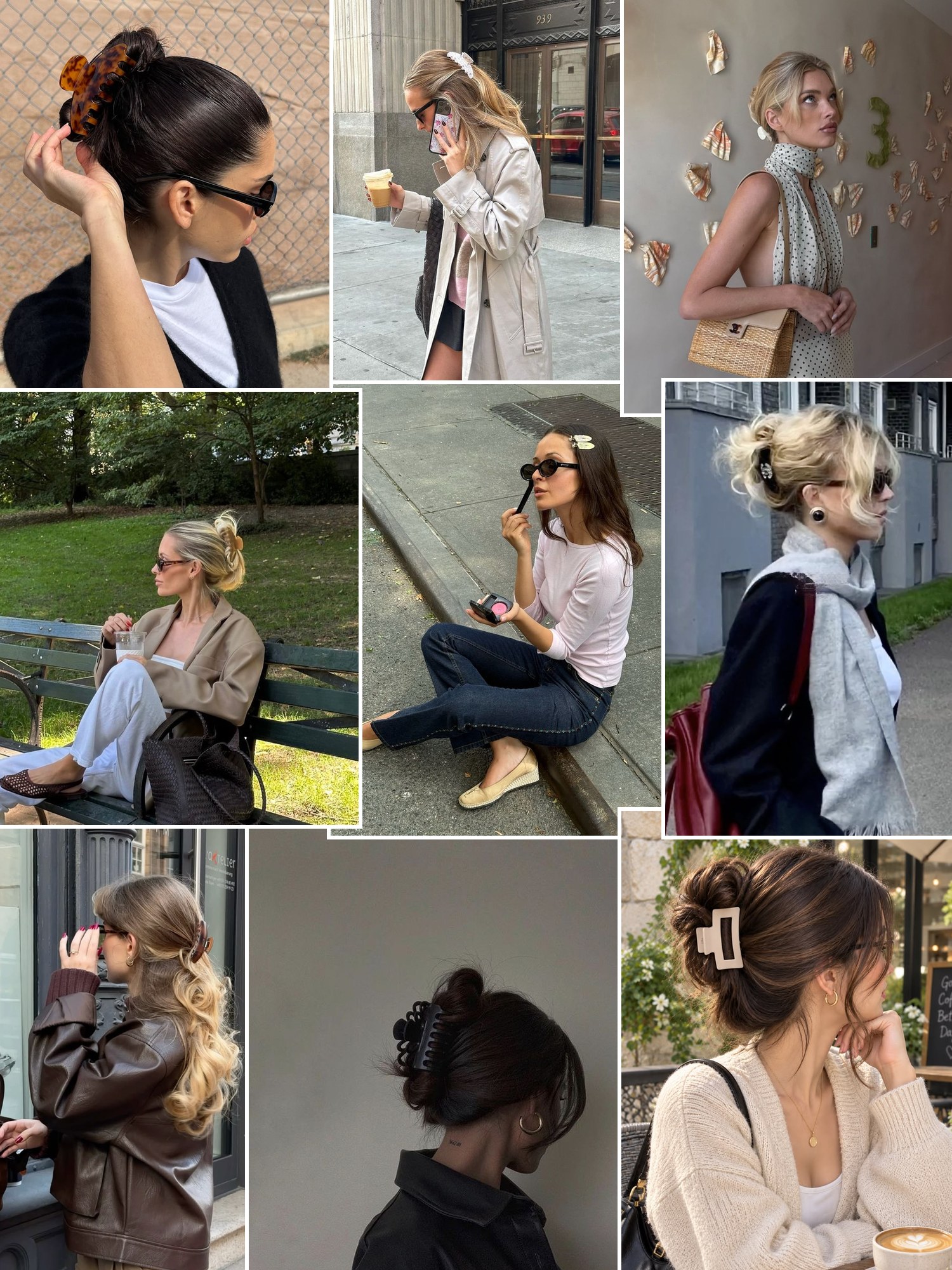 Collage of women wearing Emi Jay style claw clips in half-up and twisted hair