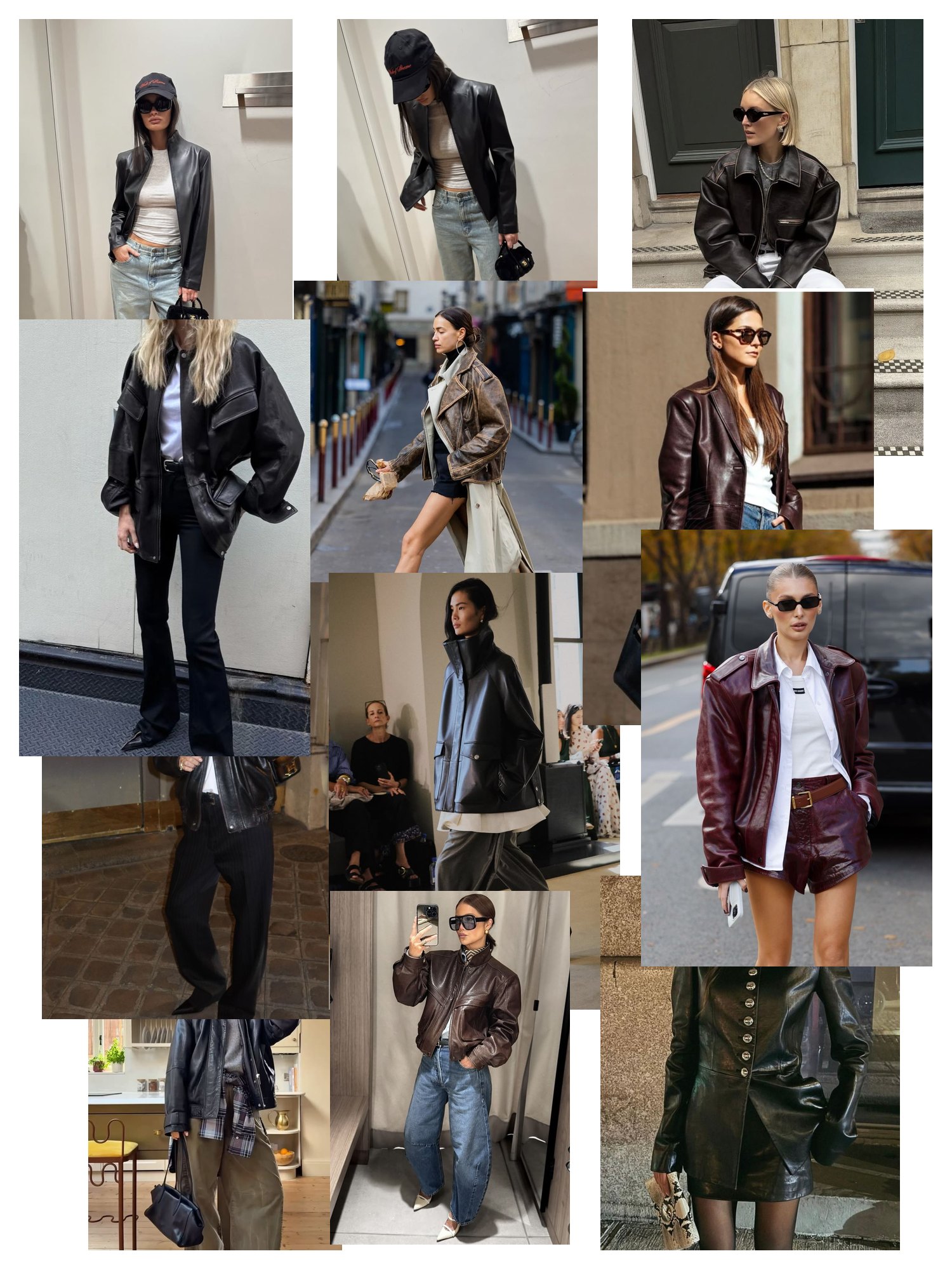 Street-style collage of 12 outfit photos featuring leather jacket women, scattered and overlapping