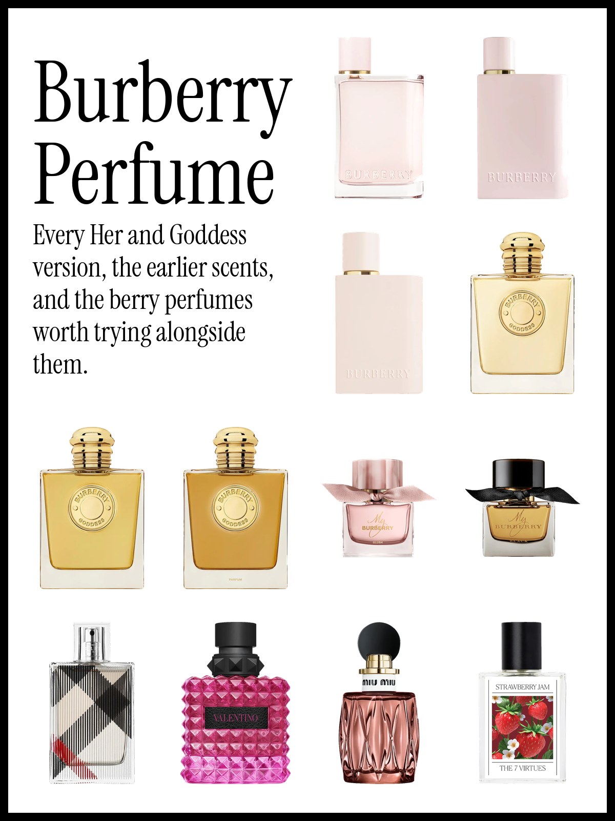 Collage of Burberry Her and Goddess perfume bottles with berry and vanilla perfume alternatives