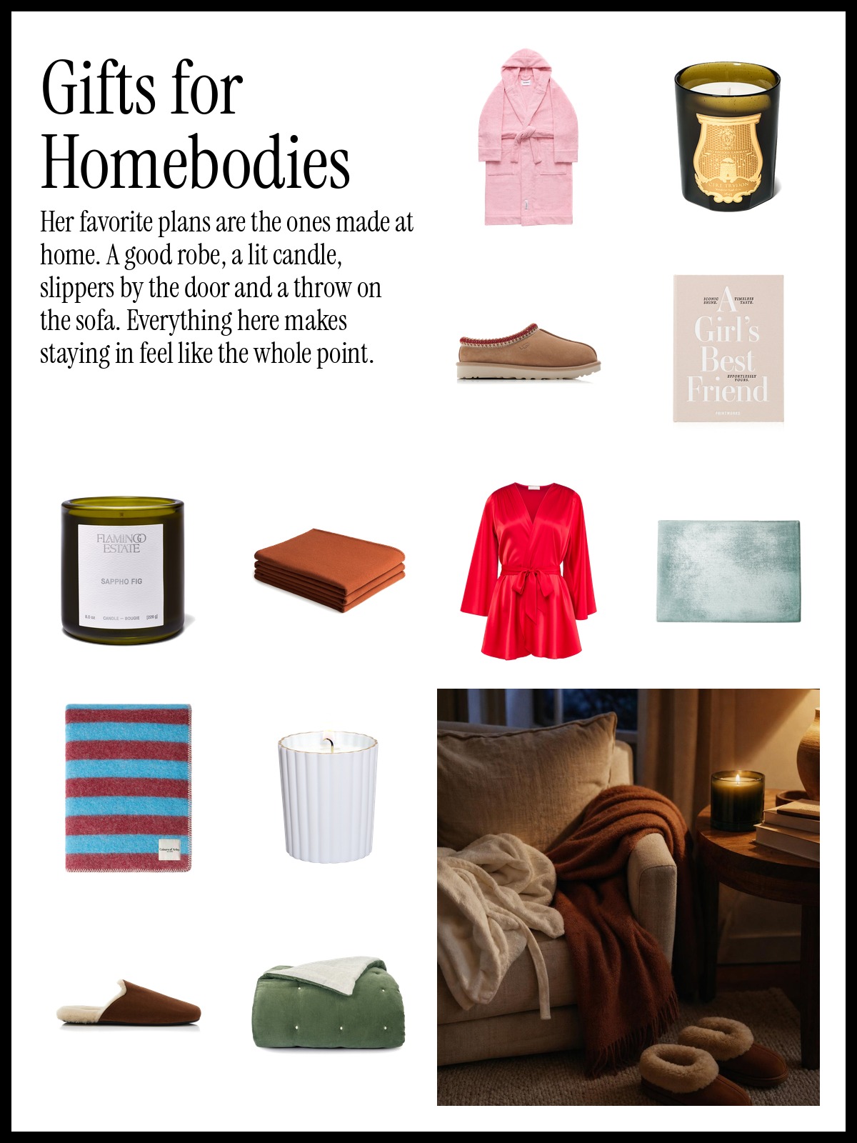 Collage of gifts for homebodies: robes, candles, book-style jewelry boxes, sheepskin slippers and throws