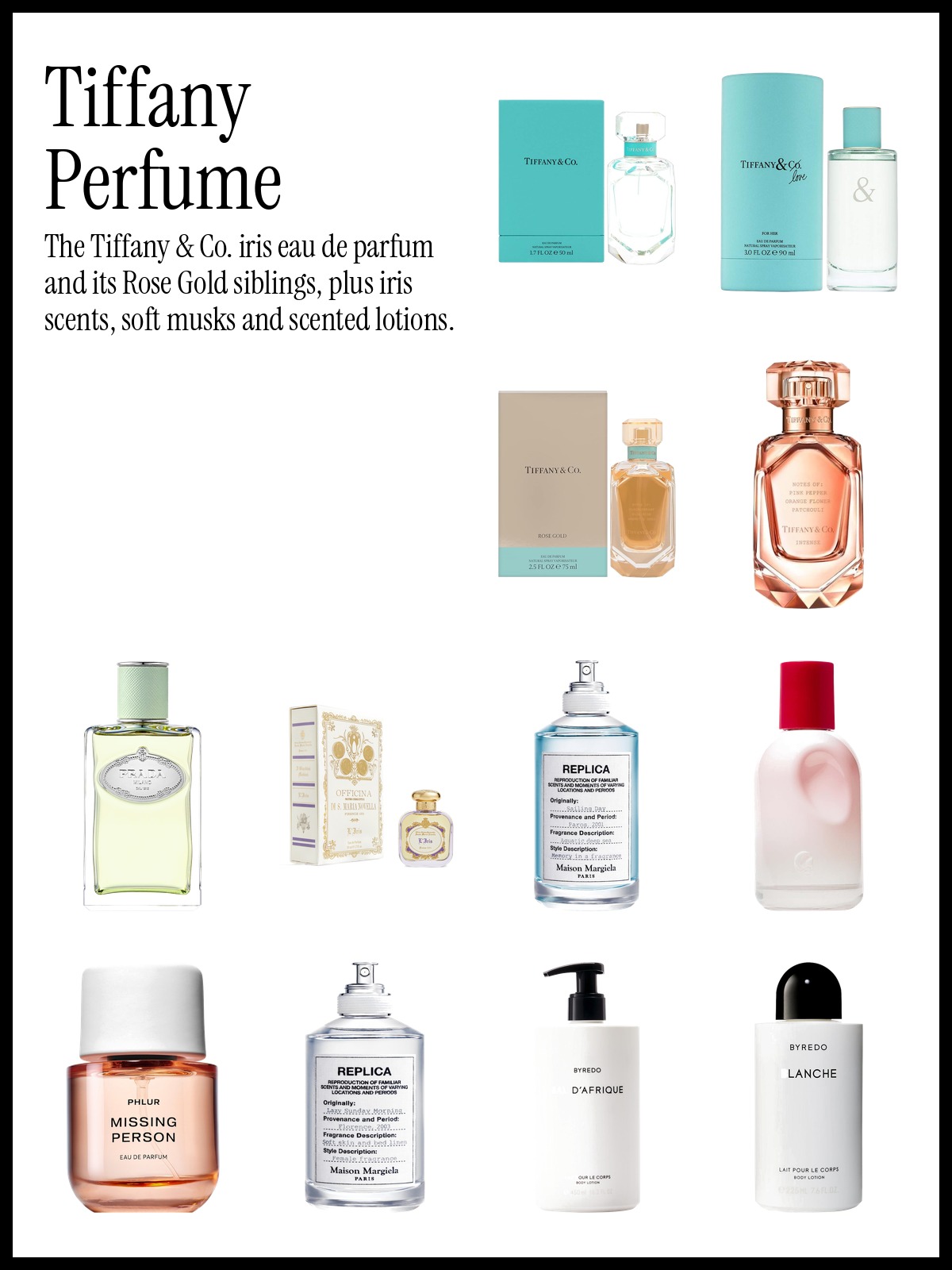 Collage of Tiffany & Co. Eau de Parfum, Prada Infusion d'Iris and Glossier You Eau de Parfum