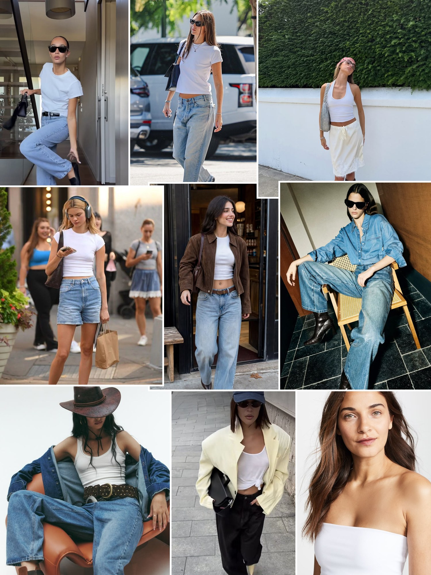 Collage of casual outfits with sunglasses, caps and shoulder bags