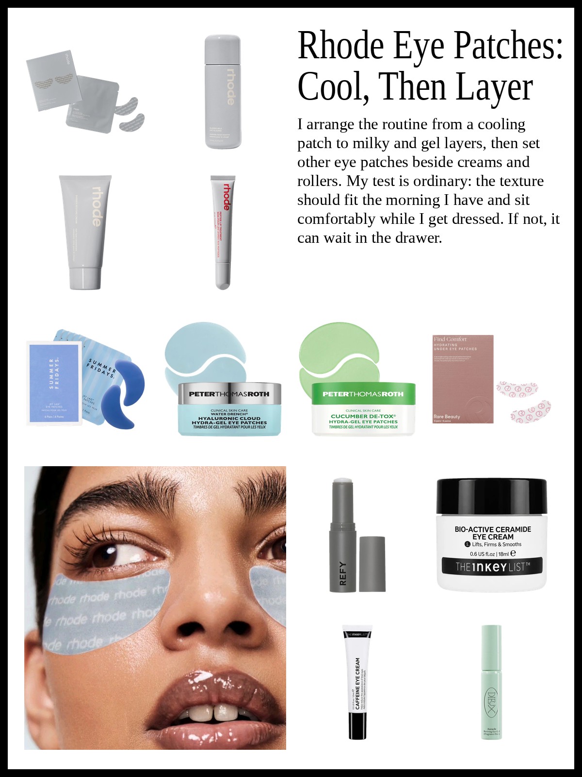 Collage of cooling hydrogel eye patches, hydrating eye patches, and under-eye masks, creams, serums, balms, and gels, and a mood photo of a close-up of a rhode eye patch under a glossy brown lip