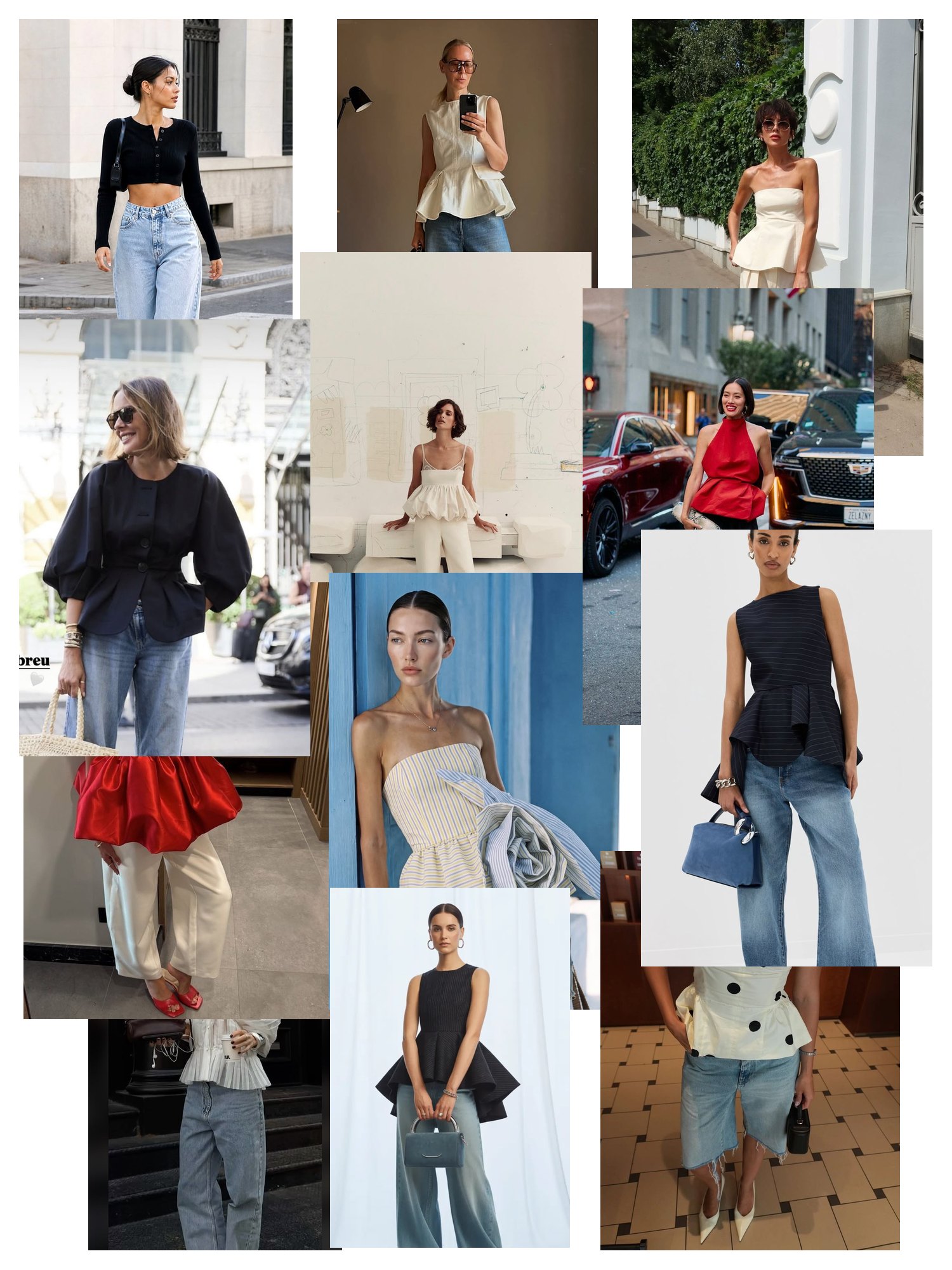 Street-style collage of 12 outfit photos featuring peplum top, scattered and overlapping
