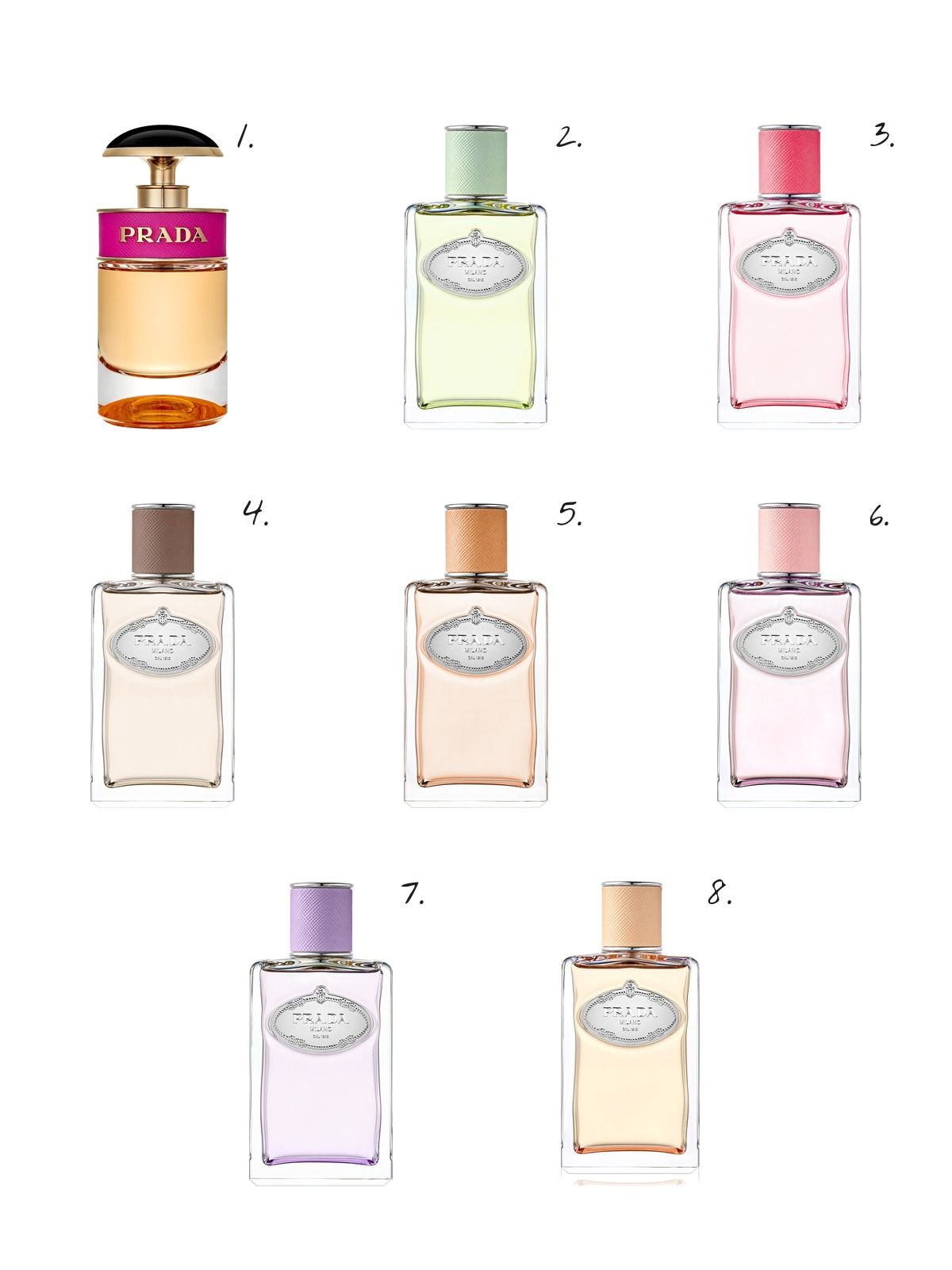 Numbered collage: 1. Prada Candy Eau de Parfum with Caramel & White Musk; 2. Prada Infusion d'Iris Eau de Parfum with Neroli & Mandrin; 3. Prada Infusion de Rhubarbe Eau de Parfum; 4. Prada Infusion de Vanille Eau de Parfum with Vanilla & Bergamot; 5. Prada Infusion de Santal Chai with Sandalwood & Citrus; 6. Prada Infusion de Rose Eau de Parfum with Mandarin & Neroli; 7. Prada Infusion de Figue Eau de Parfum 3.3 oz.; 8. Prada Les Infusions Fleur D'Oranger Eau de Parfum