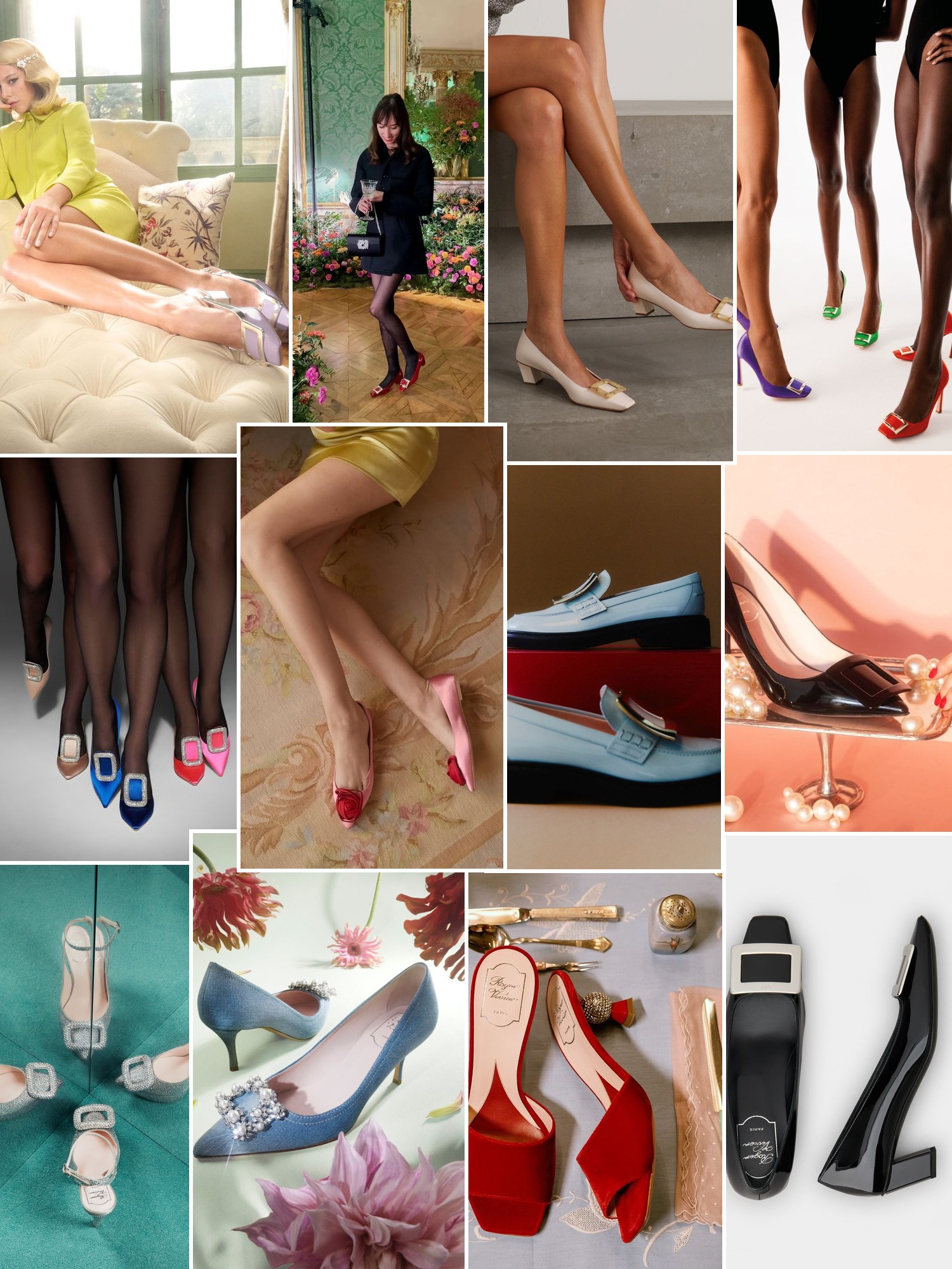Collage of shoes styled with city, runway and evening outfits that capture the Roger Vivier mood