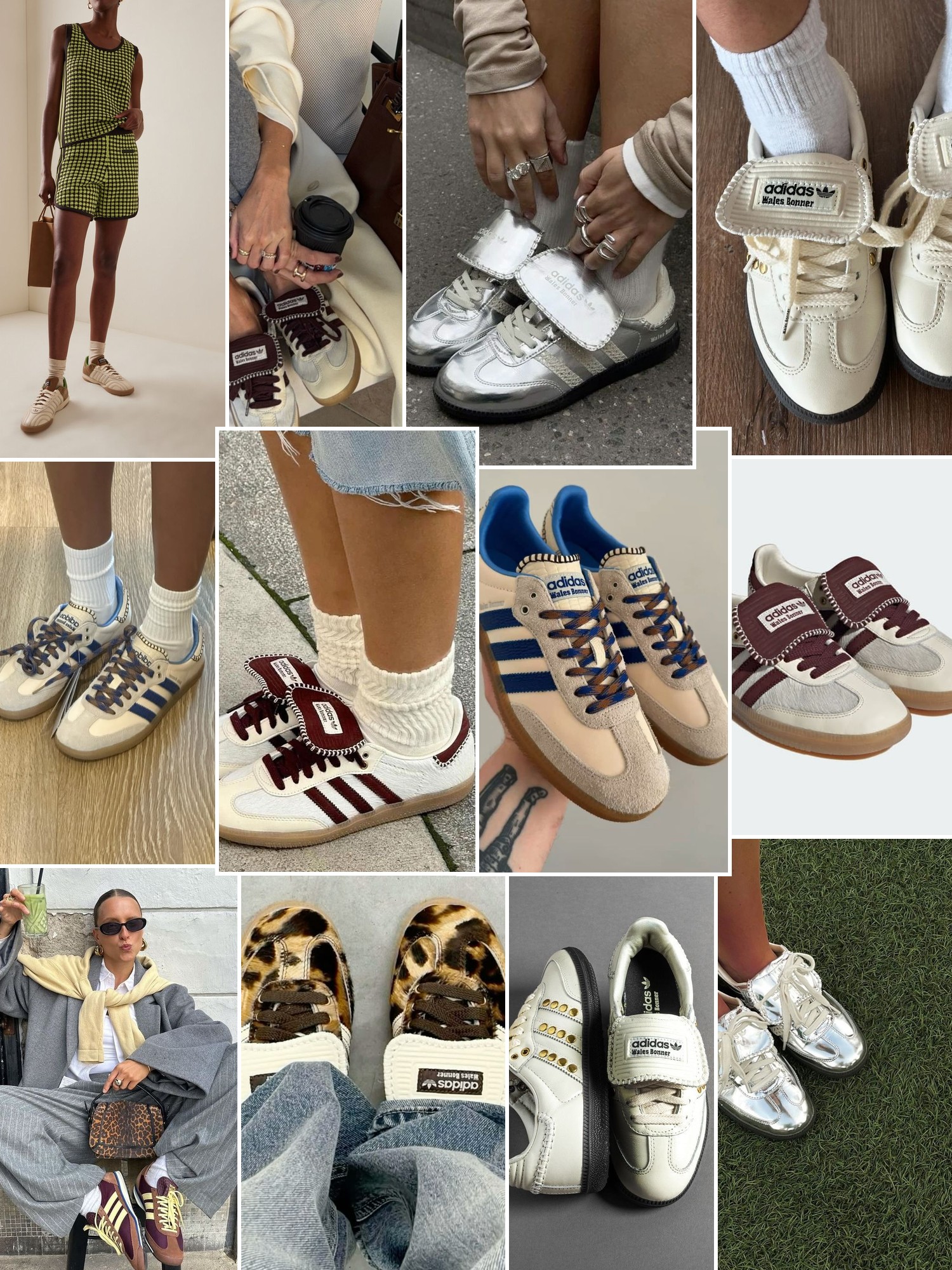 Collage of shoes styled with city, runway and evening outfits that capture the Adidas x Wales Bonner mood