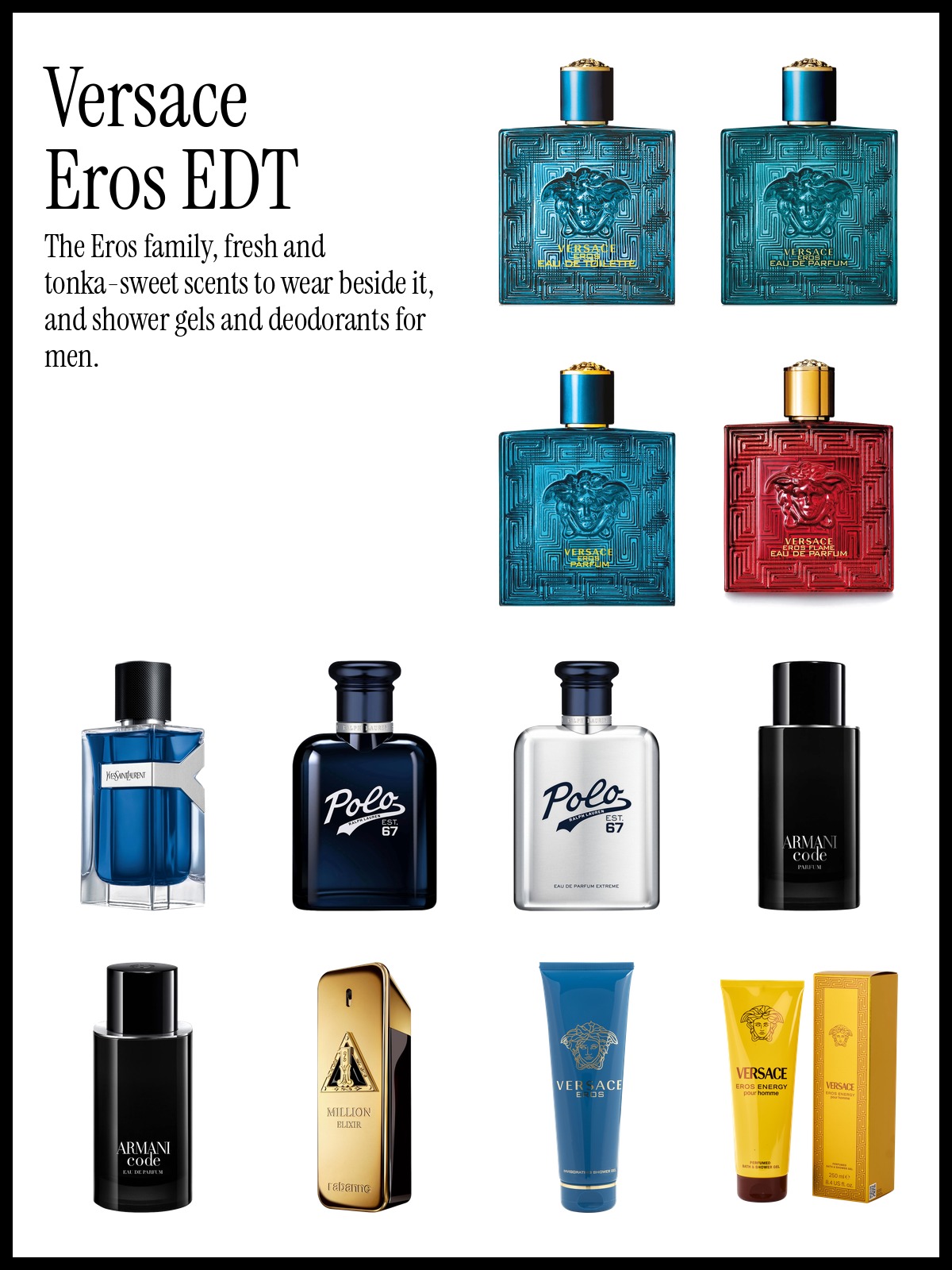 Collage of Versace Eros Eau de Toilette Fragrance Collection, Yves Saint Laurent Y Iced Cologne and Armani Beauty Code Parfum