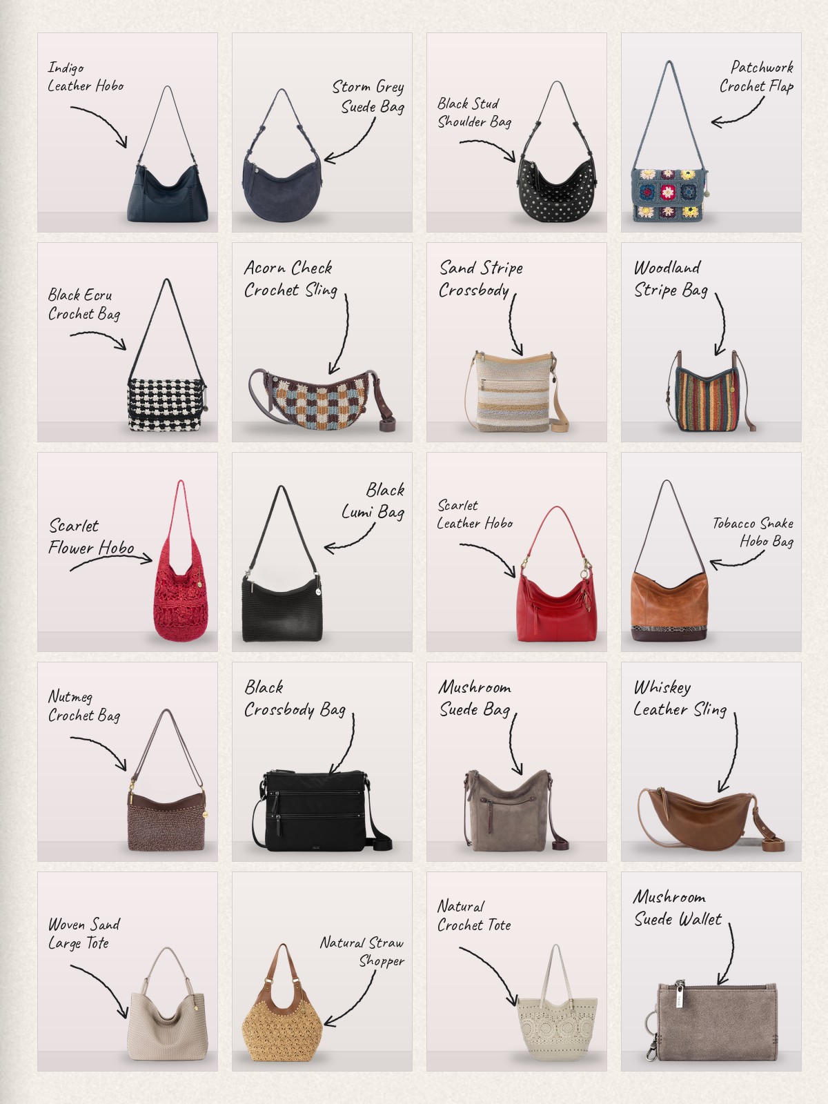 Collage: twenty The Sak bags products with handwritten labels