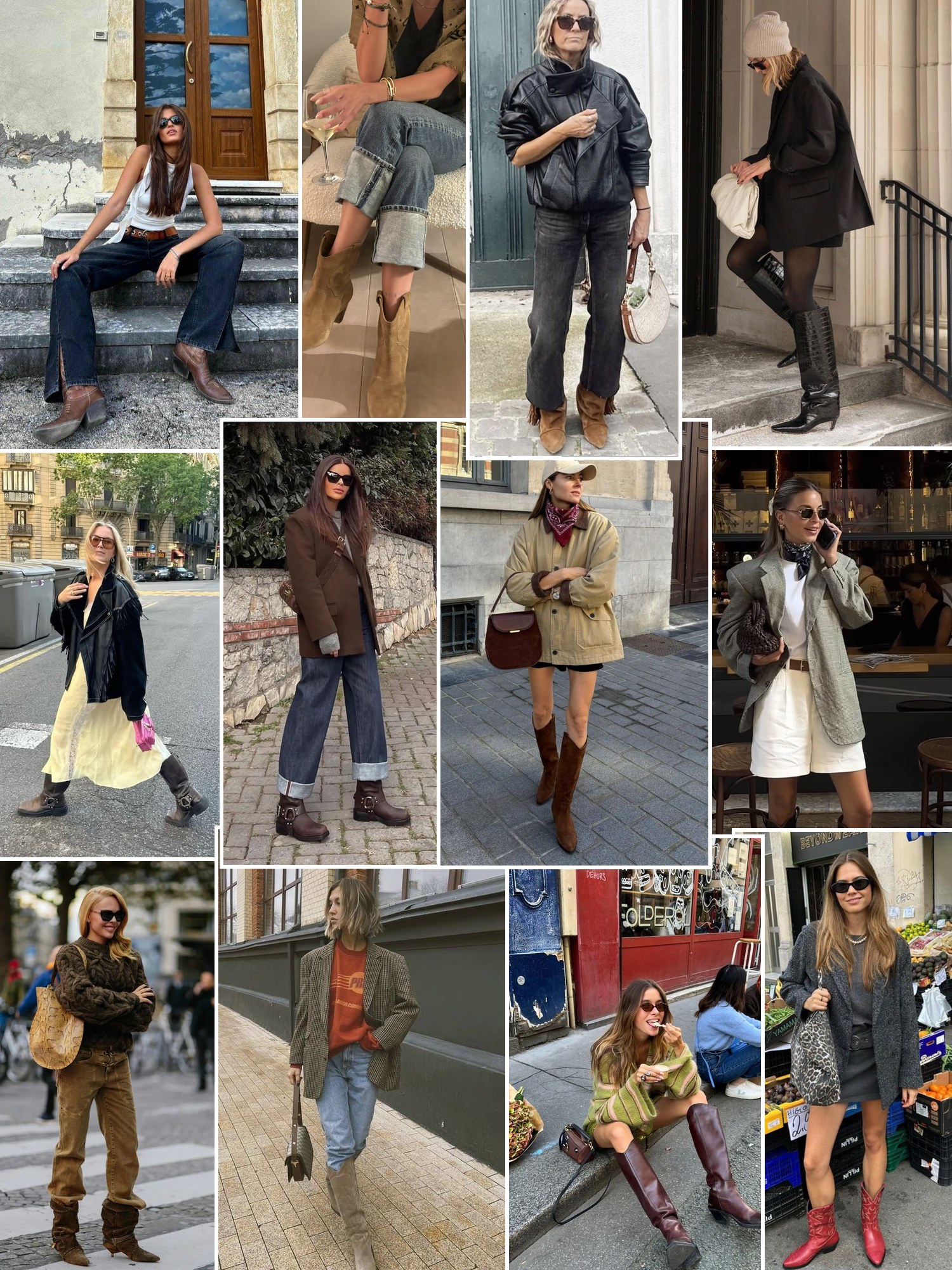 Collage of everyday looks built around western and cowboy boots
