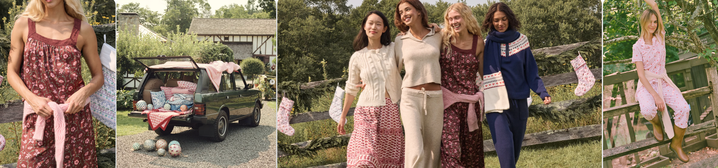 Collage of campaign looks that capture the Roller Rabbit mood, from pajama sets and a printed sundress to cozy knits in a holiday garden setting