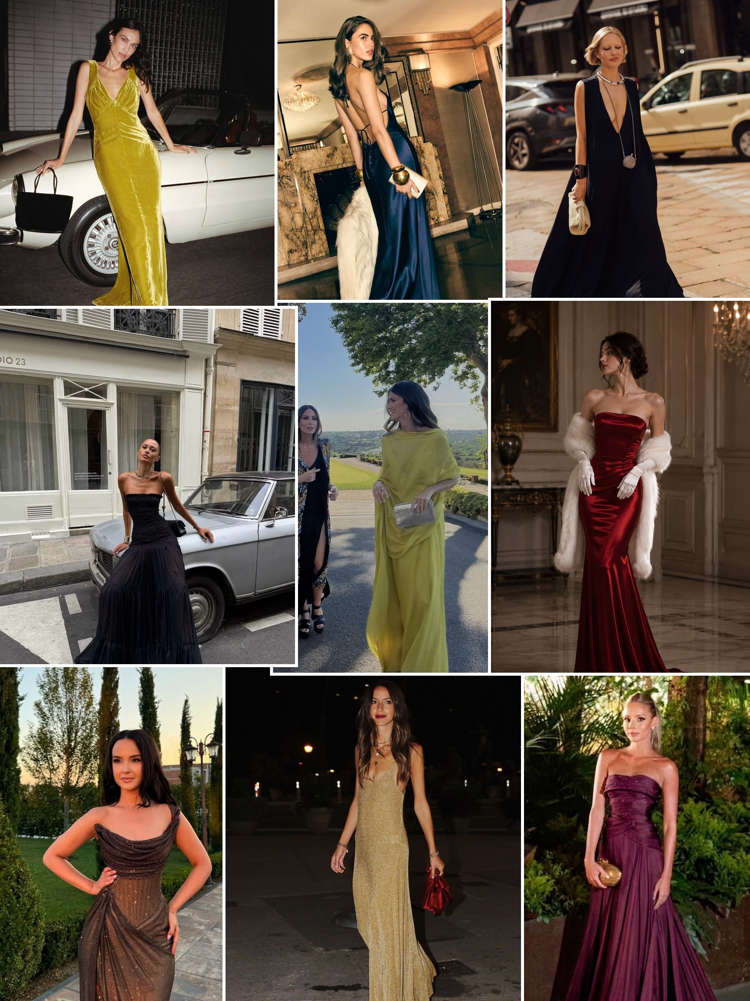 Collage of red, navy and chocolate evening gowns