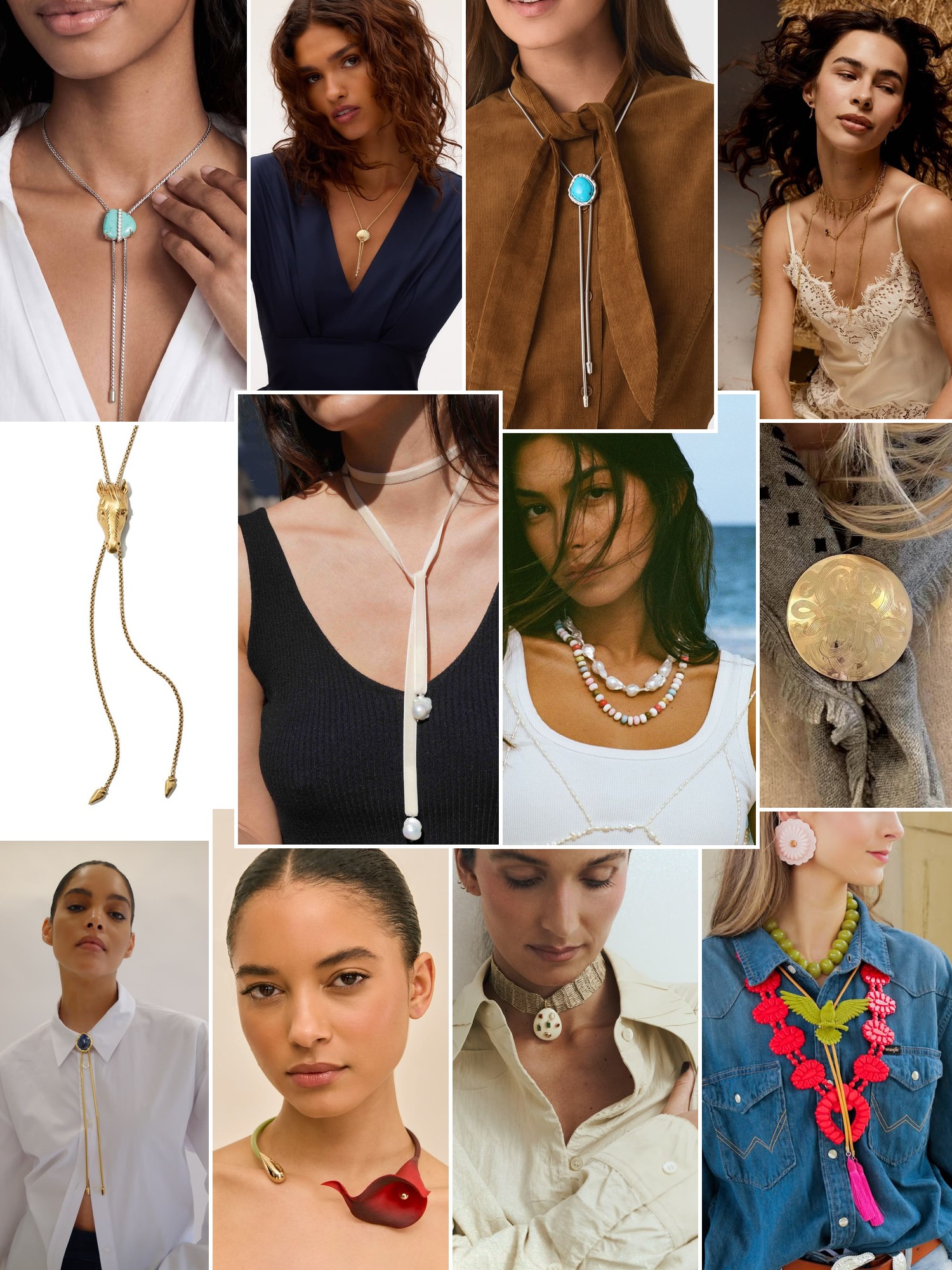 Collage of rings, earrings and layered necklaces worn up close, in the spirit of Bolola