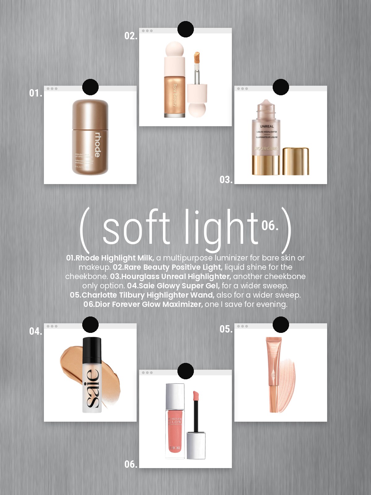 Loved lately cards collage of liquid highlighters from Rhode, Rare Beauty, Hourglass, Saie, Charlotte Tilbury, and Dior.