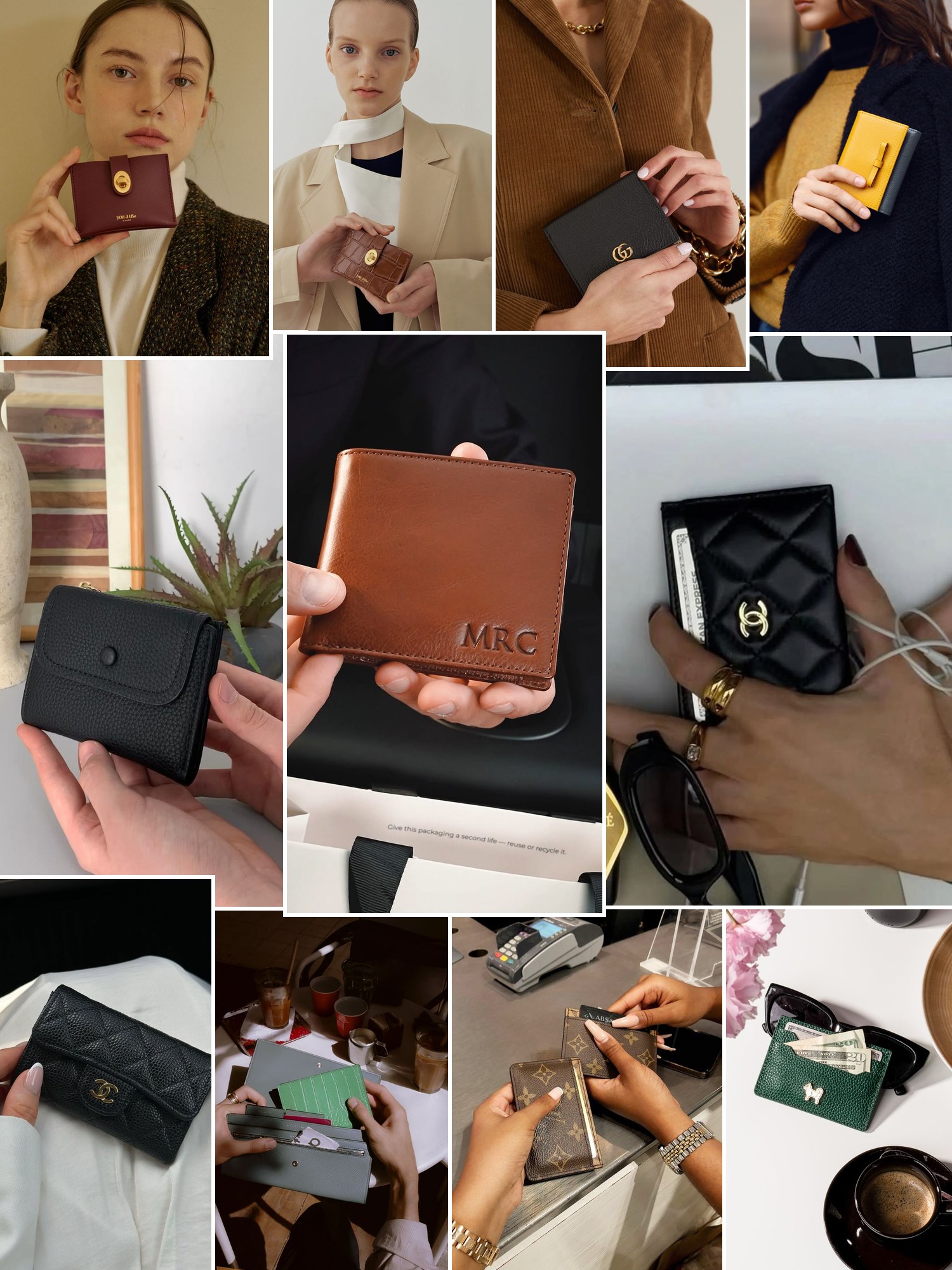 Collage of everyday bag contents with a wallet