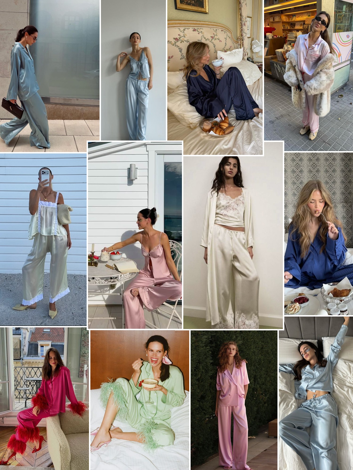 Collage of women wearing pajama sets at home and out