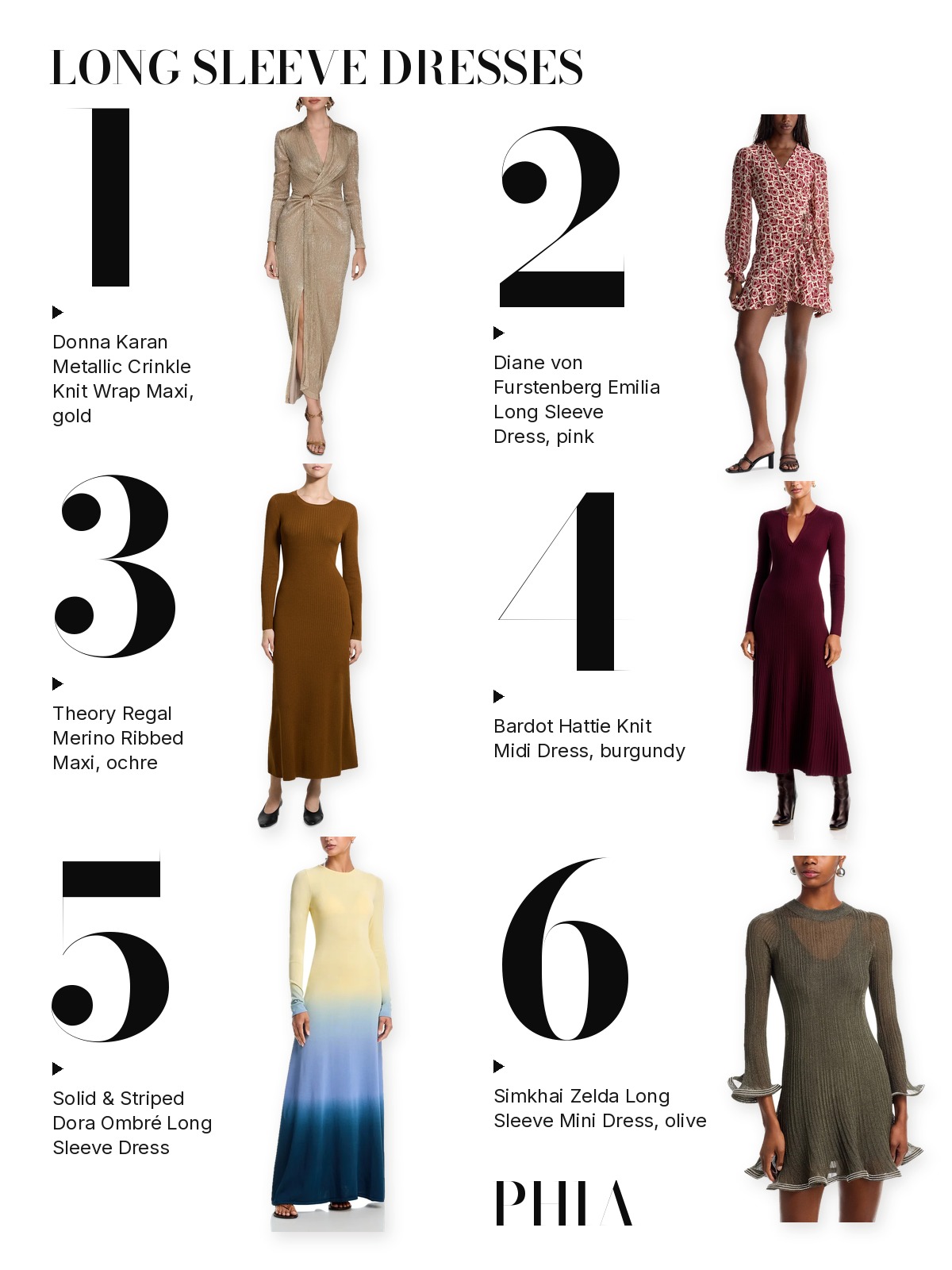 Six long sleeve dresses, numbered 1 to 6