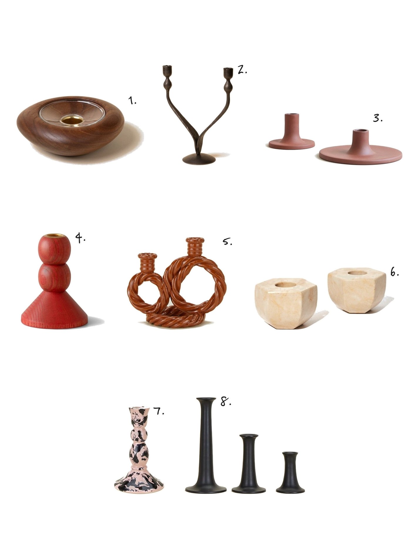 Numbered collage: 1. DCP Sculptural Wood Taper Holder; 2. Blackthorne Forge Forged Iron Dual Taper Holder; 3. Floral Society Earth Ceramic Candlestick; 4. Schoolhouse Bobbin Candle Holder; 5. Sharland Tallitha Candle Holder; 6. Snowe Marble Candle Holders in Sand; 7. Vaiselle Lumiere Candle Holder; 8. Hawkins New York Simple Candle Holder in Black
