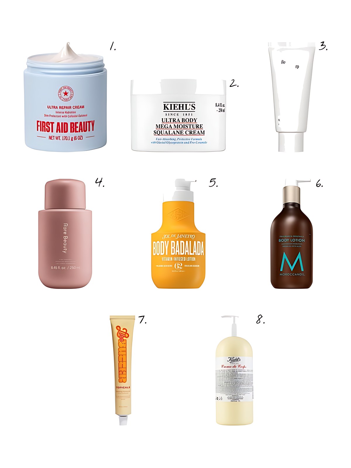 Numbered collage: 1. First Aid Beauty Ultra Repair Cream Intense Hydration – Face and Body Moisturizer for Skin Repair; 2. Kiehl's Since 1851 Ultra Body Mega Moisture Squalane Cream; 3. Nécessaire The Body Lotion - Firming Moisturizer With 5 Peptides and 2.5% Niacinamide in Fragrance Free; 4. Rare Beauty by Selena Gomez Find Comfort Niacinamide Hydrating Body Lotion; 5. Sol de Janeiro Body Badalada Lotion with Hyaluronic Acid for Daily Hydration; 6. Moroccanoil Body Lotion Moisturizer; 7. Topicals Like Butter Moisturizer for Dry, Sensitive & Eczema-Prone Skin; 8. Kiehl's Since 1851 Creme de Corps