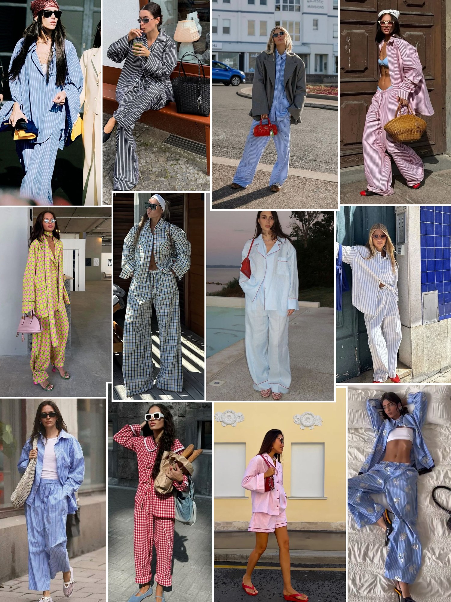 Collage of silk, striped and printed pajama outfits