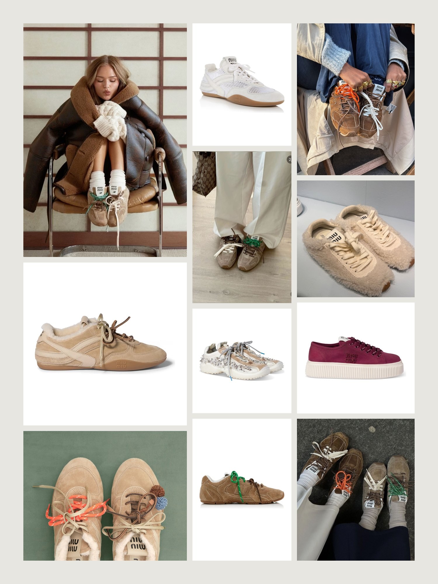 Vibe collage for the louder Miu Miu sneakers: shearling-lined pairs, bright laces and the Allacciate, platform and New Balance pairs from the grid below